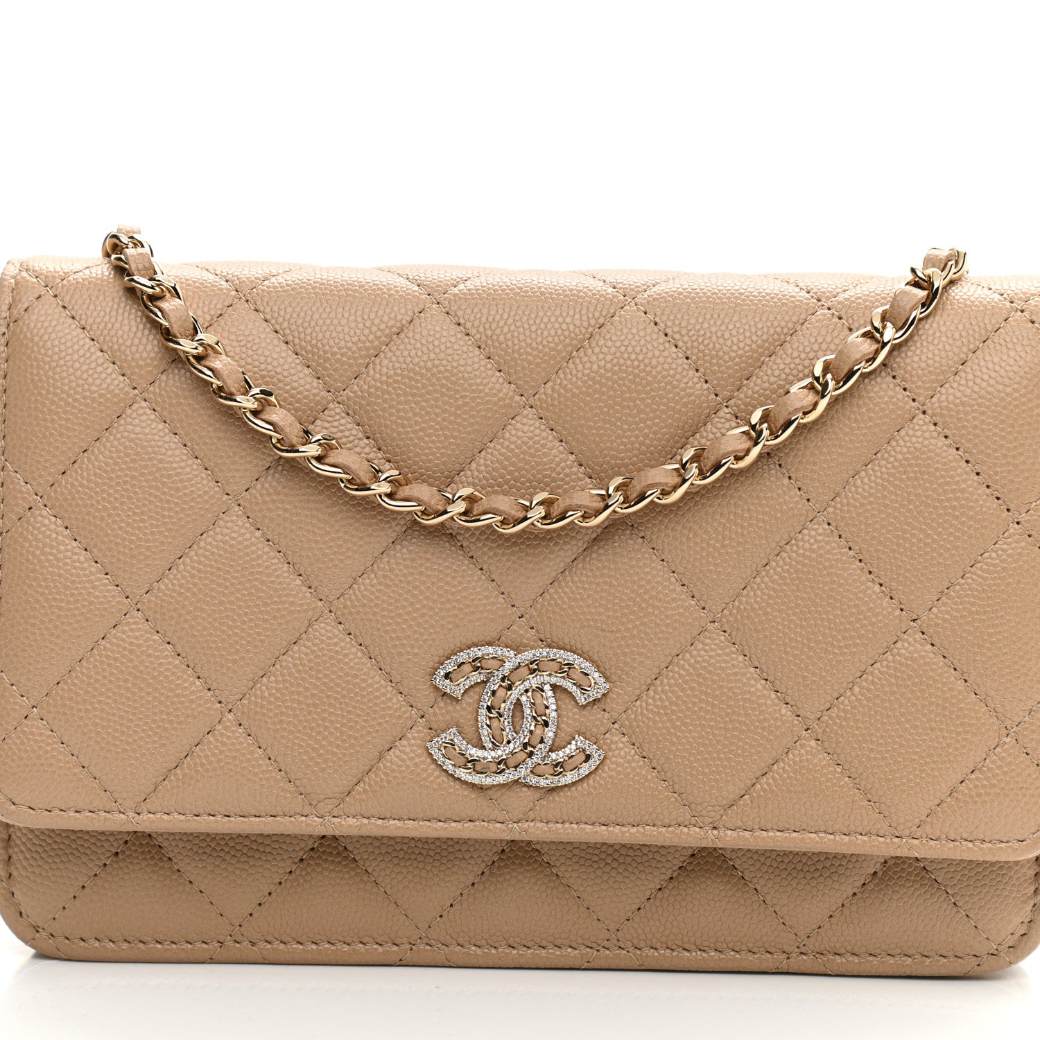 Chanel Caviar Quilted Crystal CC Wallet On Chain WOC Beige 9 of 10