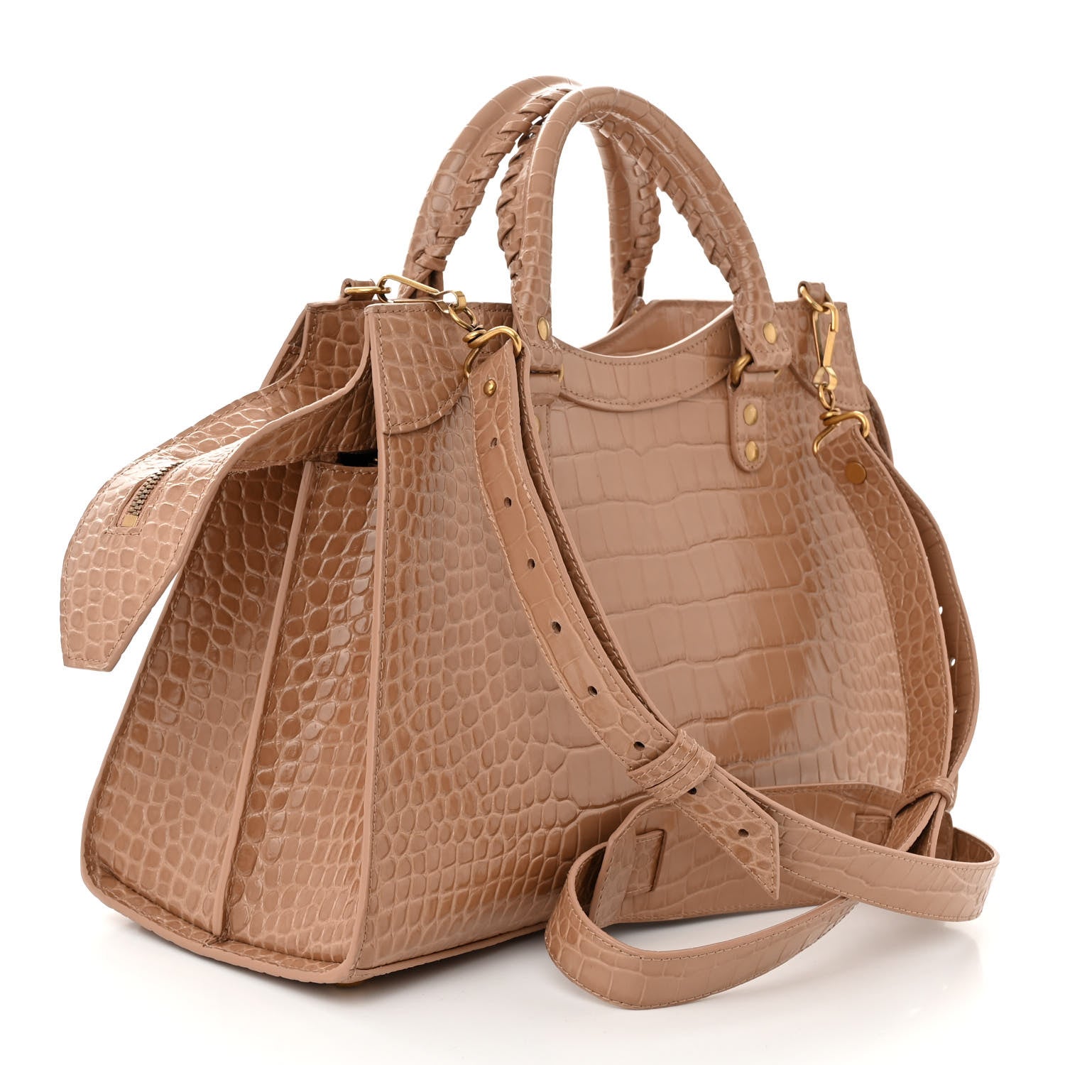 Balenciaga Shiny Supple Calfskin Crocodile Embossed Neo Classic Gold Hardware City Nude Beige 2 of 8