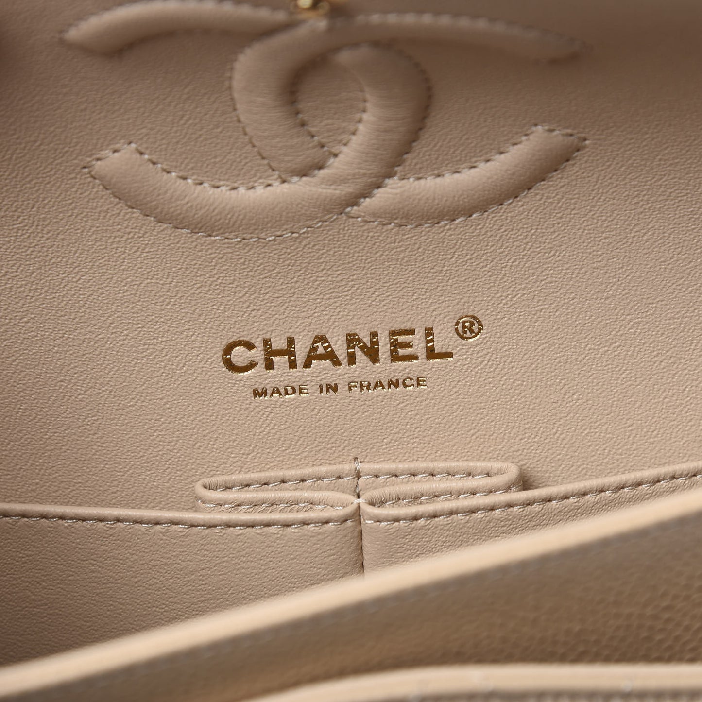 Caviar Quilted Medium Double Flap Light Beige