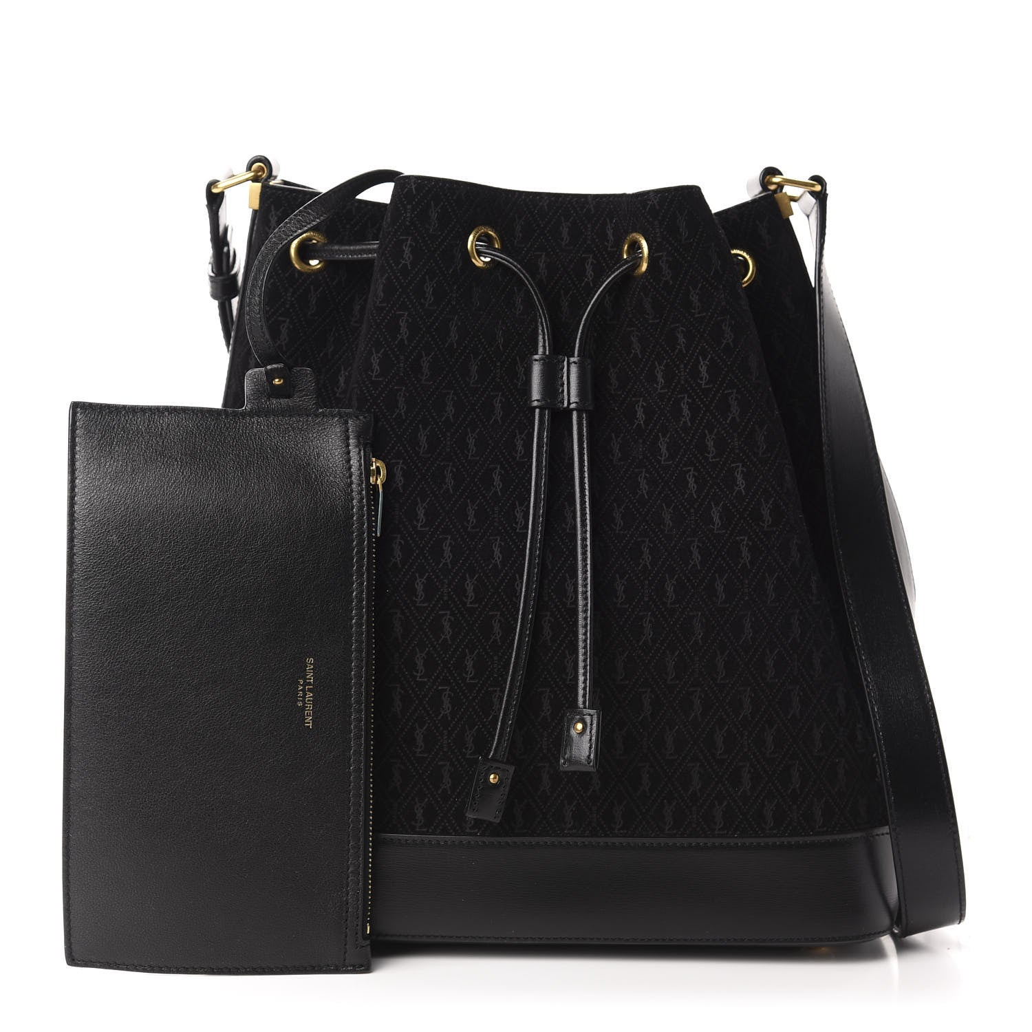 Saint Laurent Suede All-Over Monogram Bucket Bag Black 1 of 11