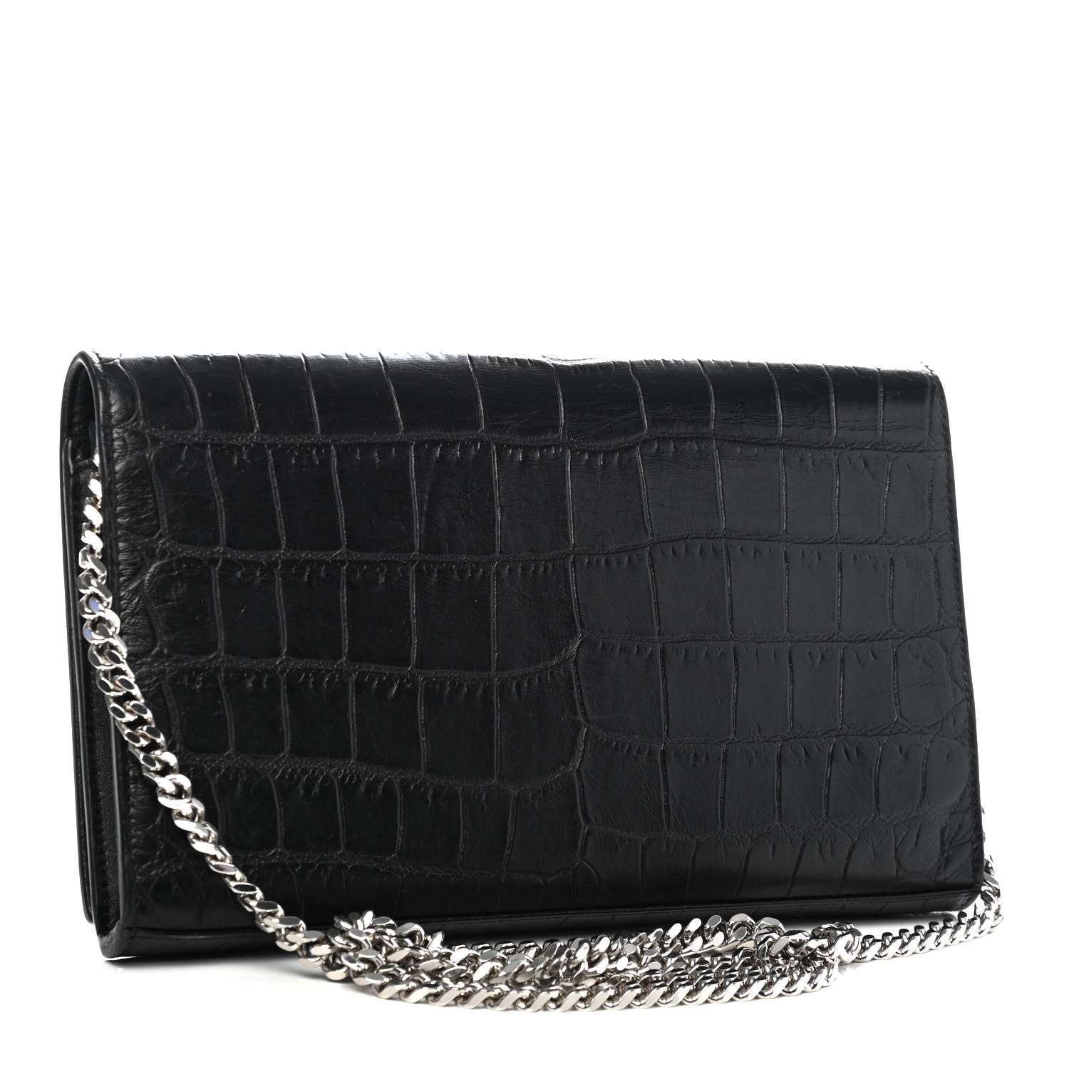 Saint Laurent Calfskin Crocodile Embossed Monogram Chain Wallet Black 2 of 4