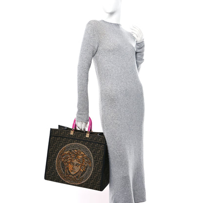 Fendi X VERSACE Fabric Jacquard Calfskin Plexiglass Fendace FF Medusa Studded Large Fendi Sunshine Shopper Tote Marrone Fuxia 2 of 10