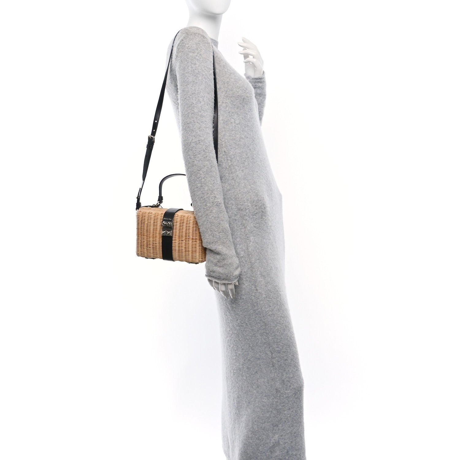 Prada Wicker Top Handle Shoulder Bag Naturale Black 3 of 10