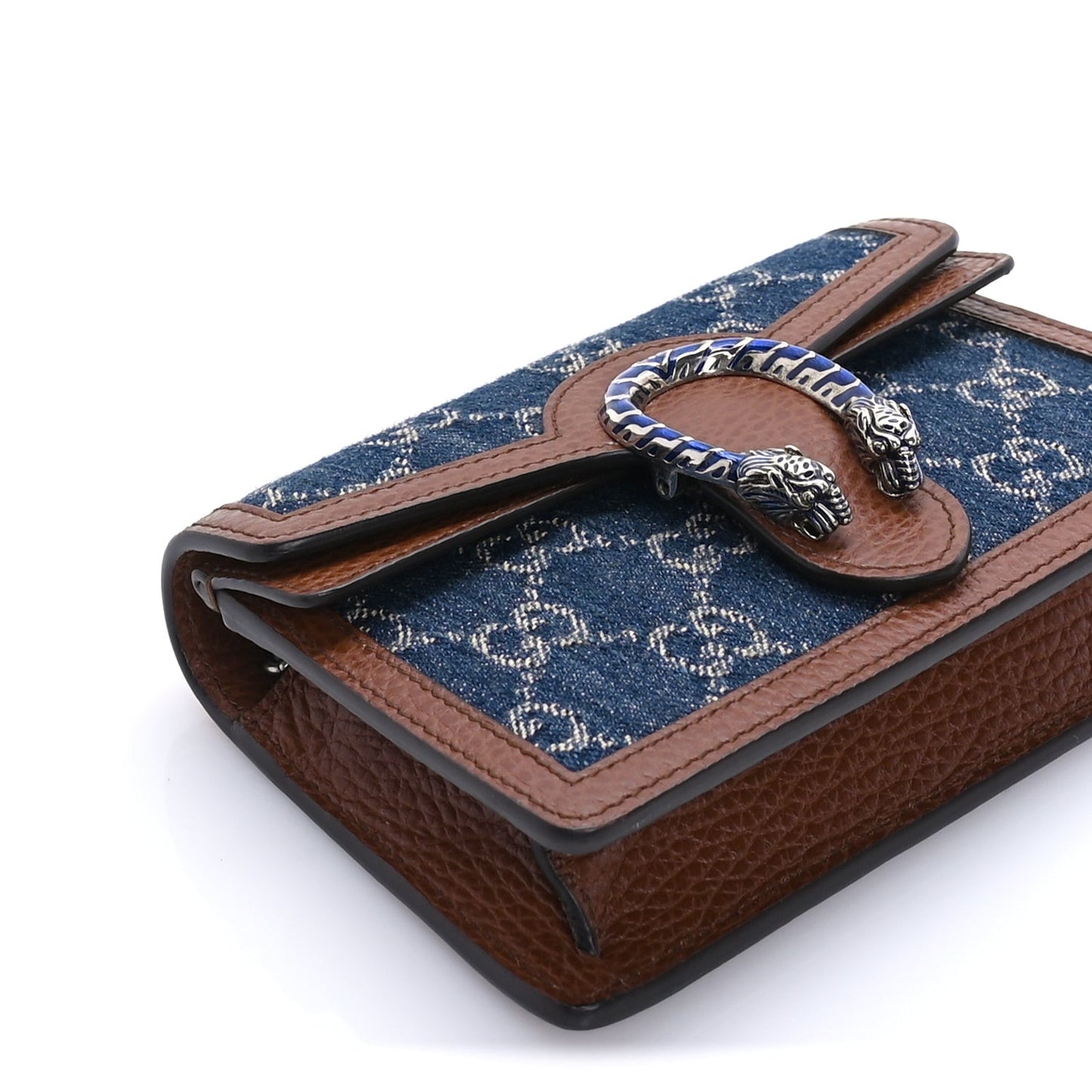 New Denim GG Monogram Dollar Calfskin Enamel Super Mini Dionysus Shoulder Bag Blue Tea Cuir Epilog Electric Blue