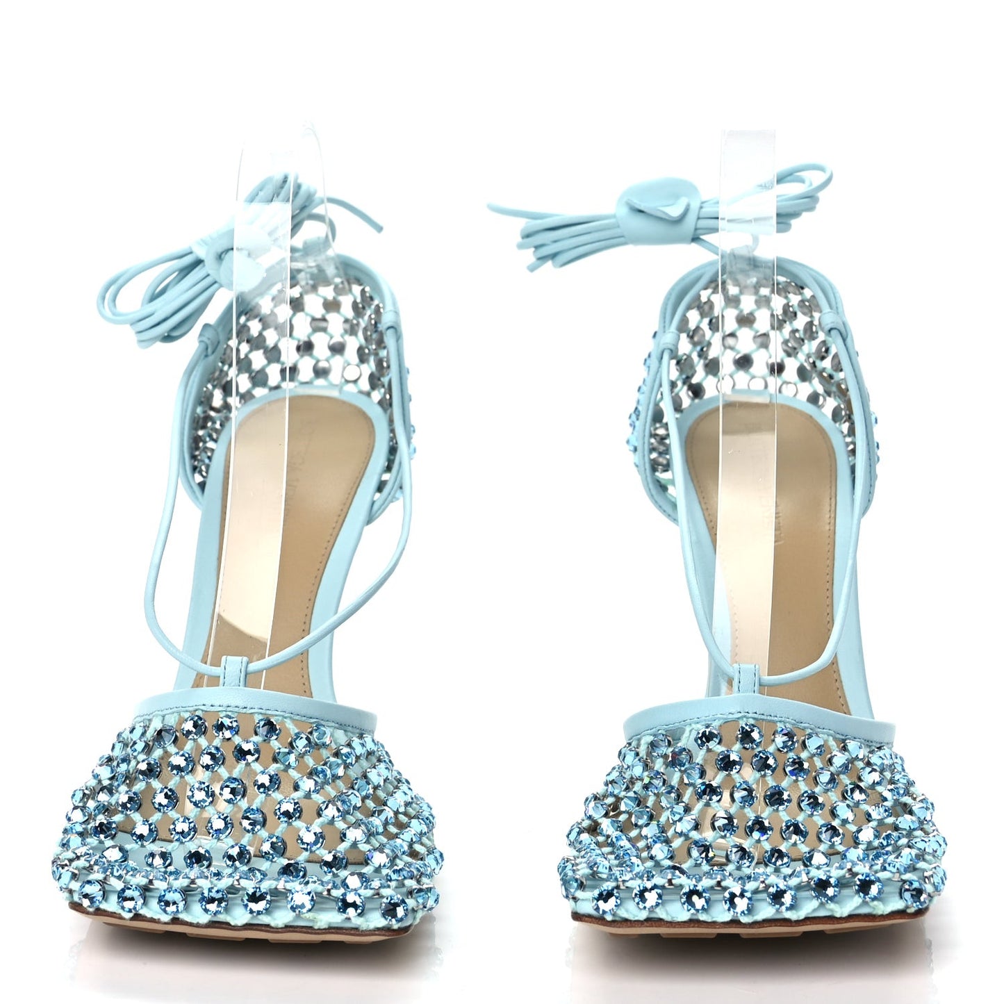 Mesh Nappa Crystal Embellished Sparkle Stretch Ankle Tie 90mm Sandals 40 Pale Blue