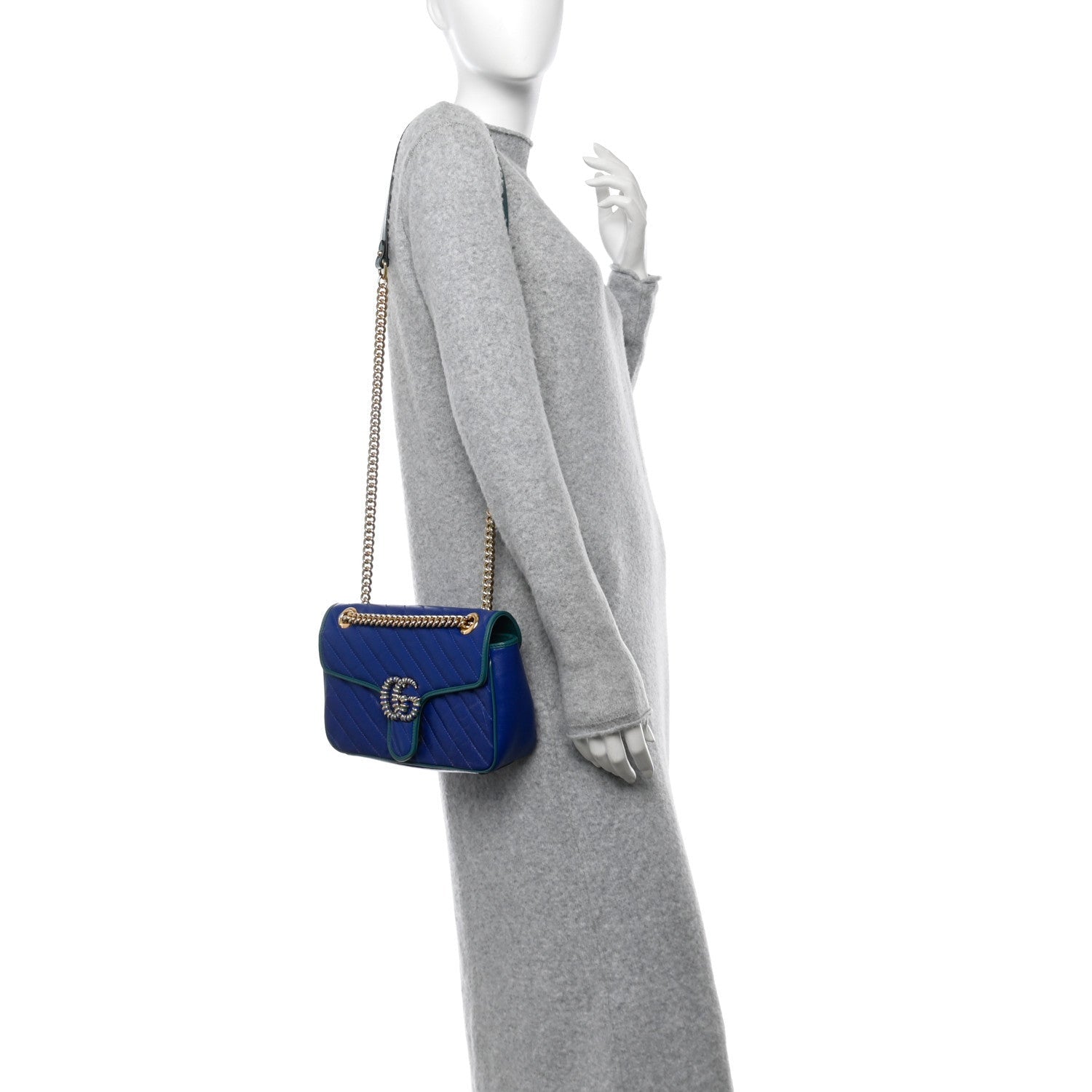 Gucci Azalea Calfskin Enamel Matelasse Diagonal Small Torchon GG Marmont Shoulder Bag Imperial Blue Pavone 2 of 7