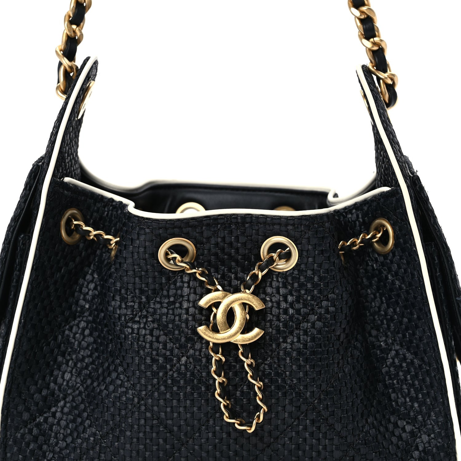 Chanel Braided Raffia Calfskin Quilted Mini  25 Handbag Black White 7 of 9