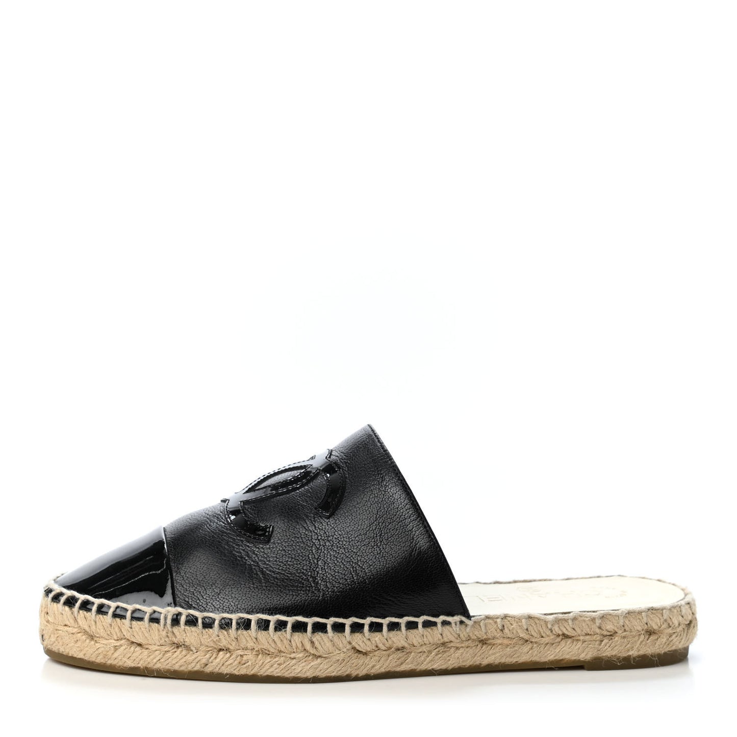 Iridescent Goatskin Patent CC Espadrille Mules 37 Black