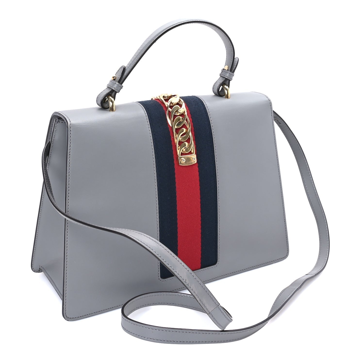 Gucci Calfskin Embroidered Sylvie Top Handle Bag Grey 2 of 7