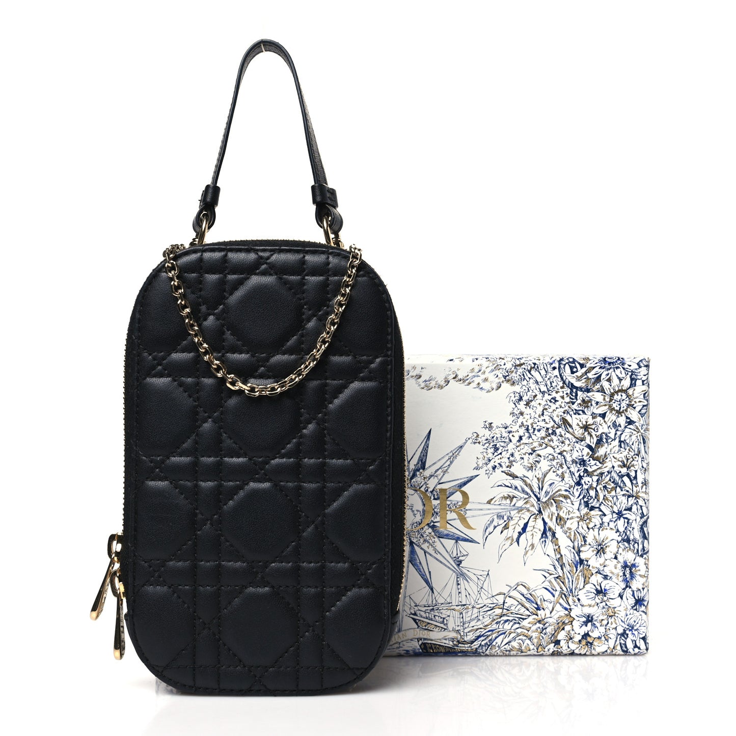 Lambskin Cannage Lady Dior Phone Holder Black