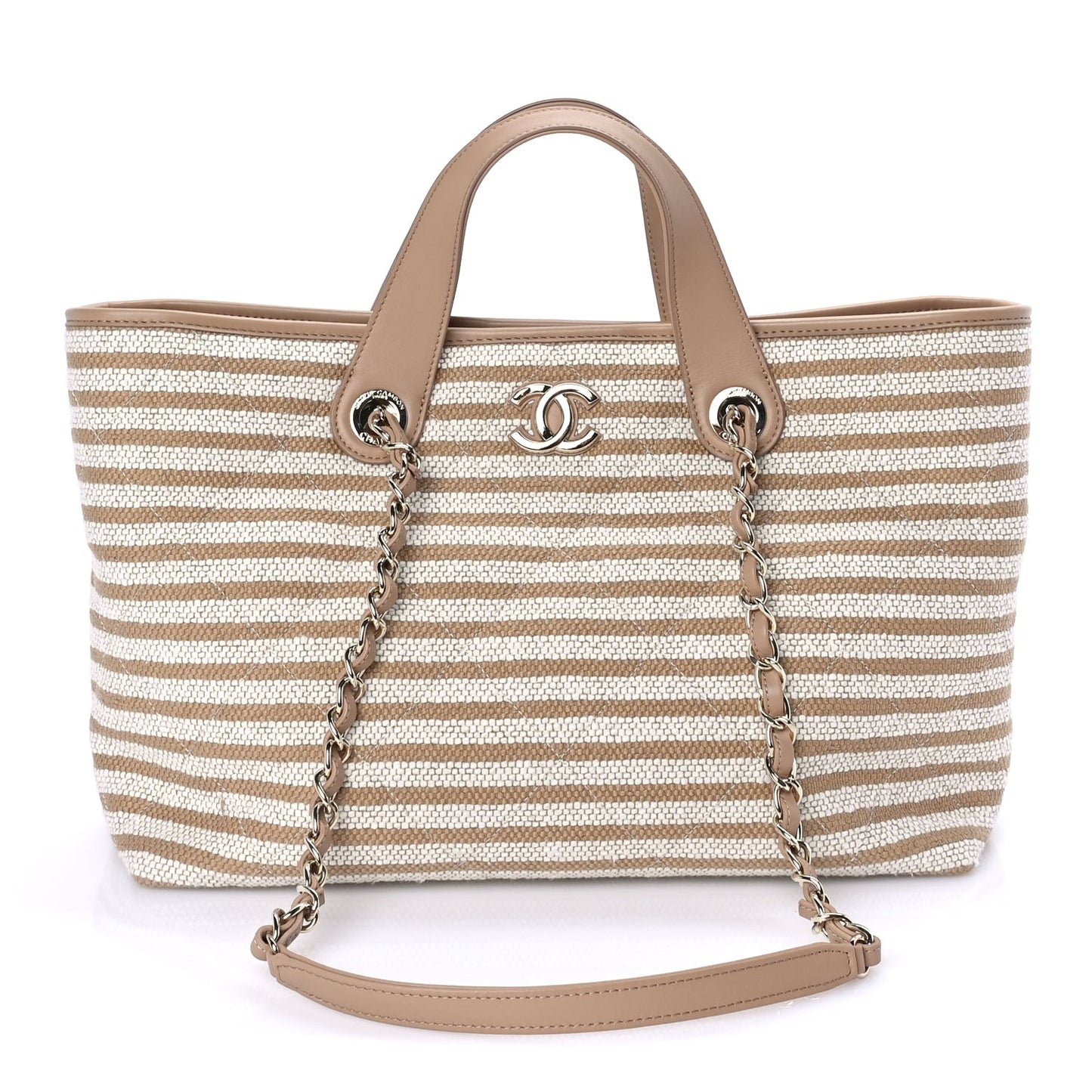 Printed Fabric Striped CC Tote Light Beige