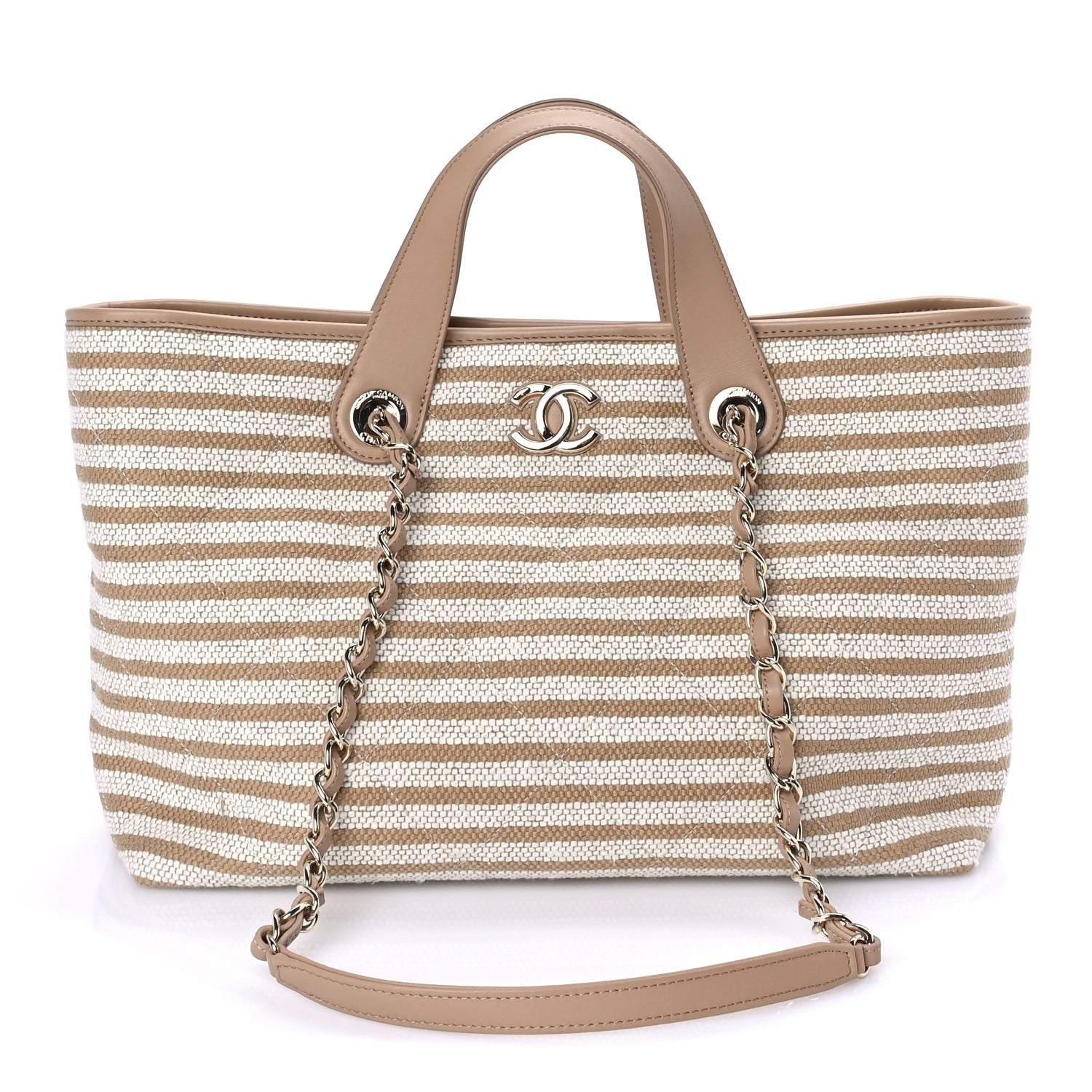 Chanel Printed Fabric Striped CC Tote Light Beige 1 of 7