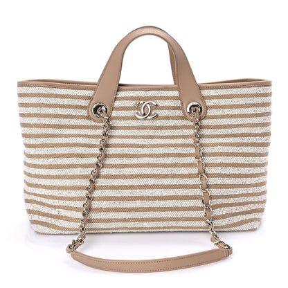 Chanel Printed Fabric Striped CC Tote Light Beige 1 of 7