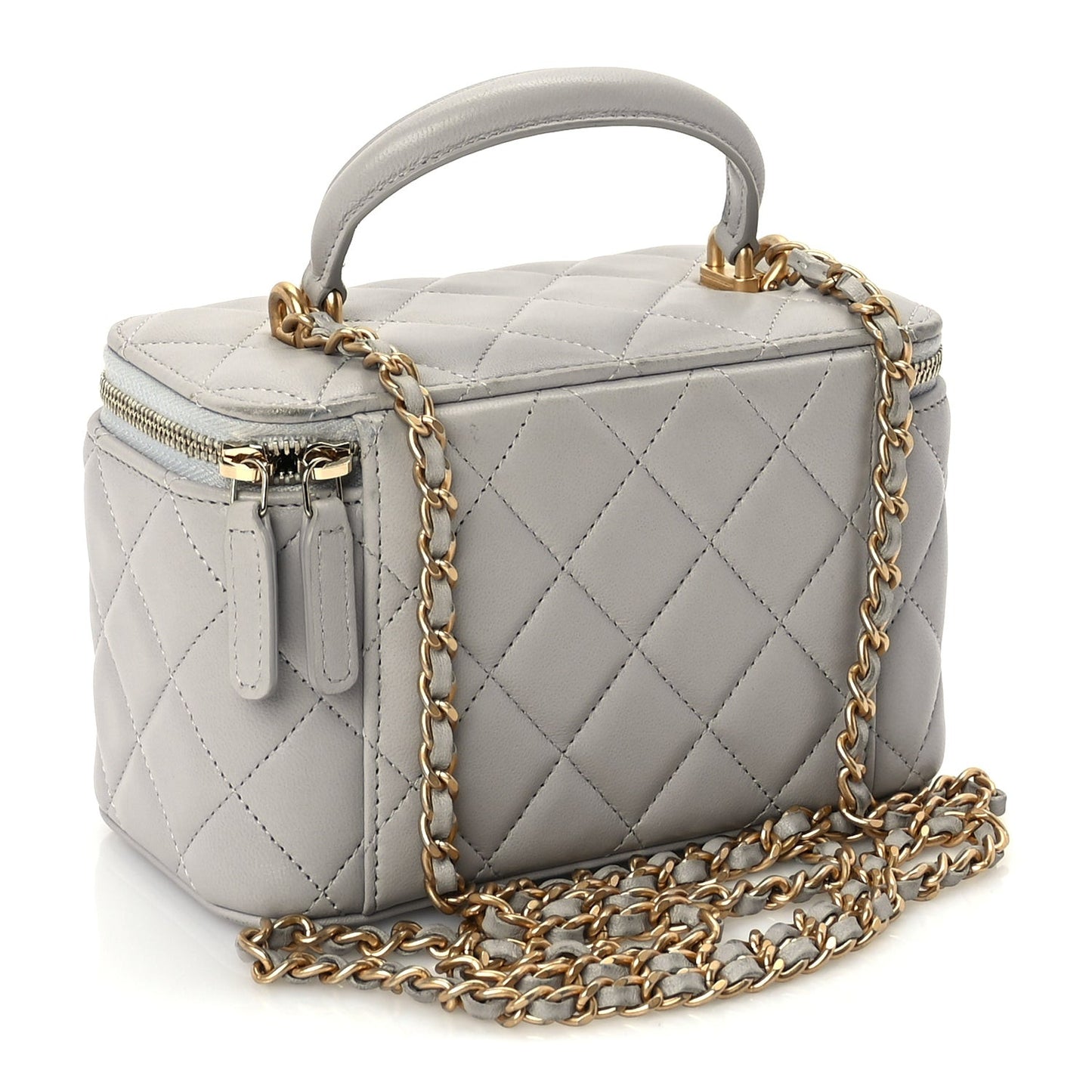 Lambskin Quilted Small Top Handle Vanity Case With Chain