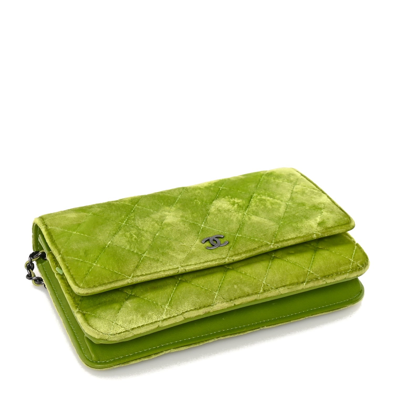 Chanel Velvet Quilted Wallet On Chain WOC Green 3 of 9