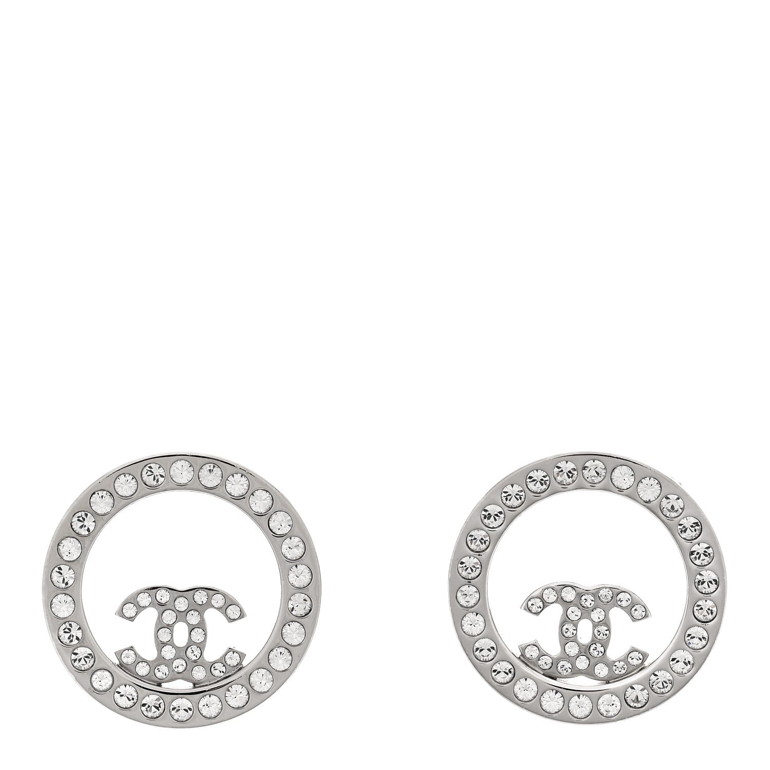 Chanel Crystal CC Round Earrings Silver 1 of 4