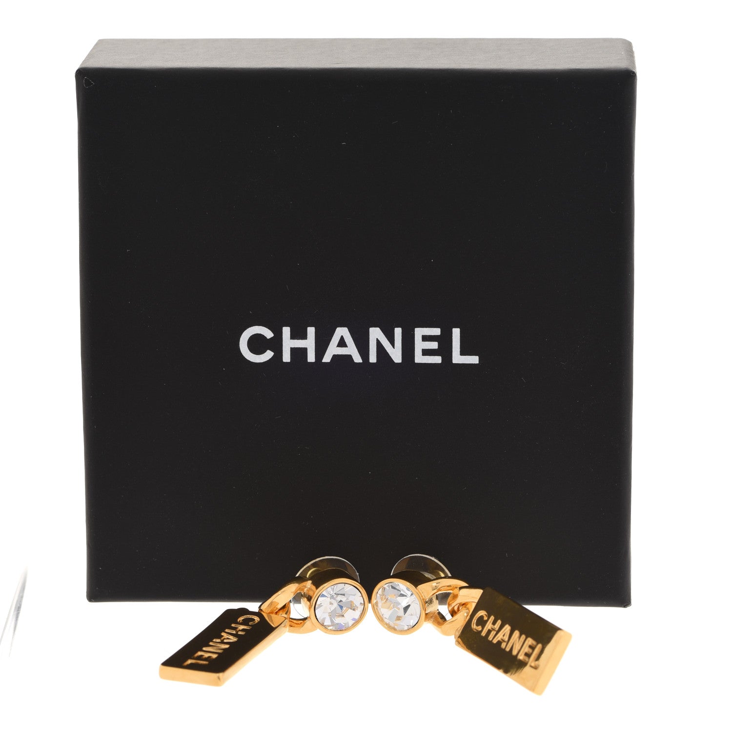 Chanel Crystal Tag Drop Earrings Gold 5 of 5