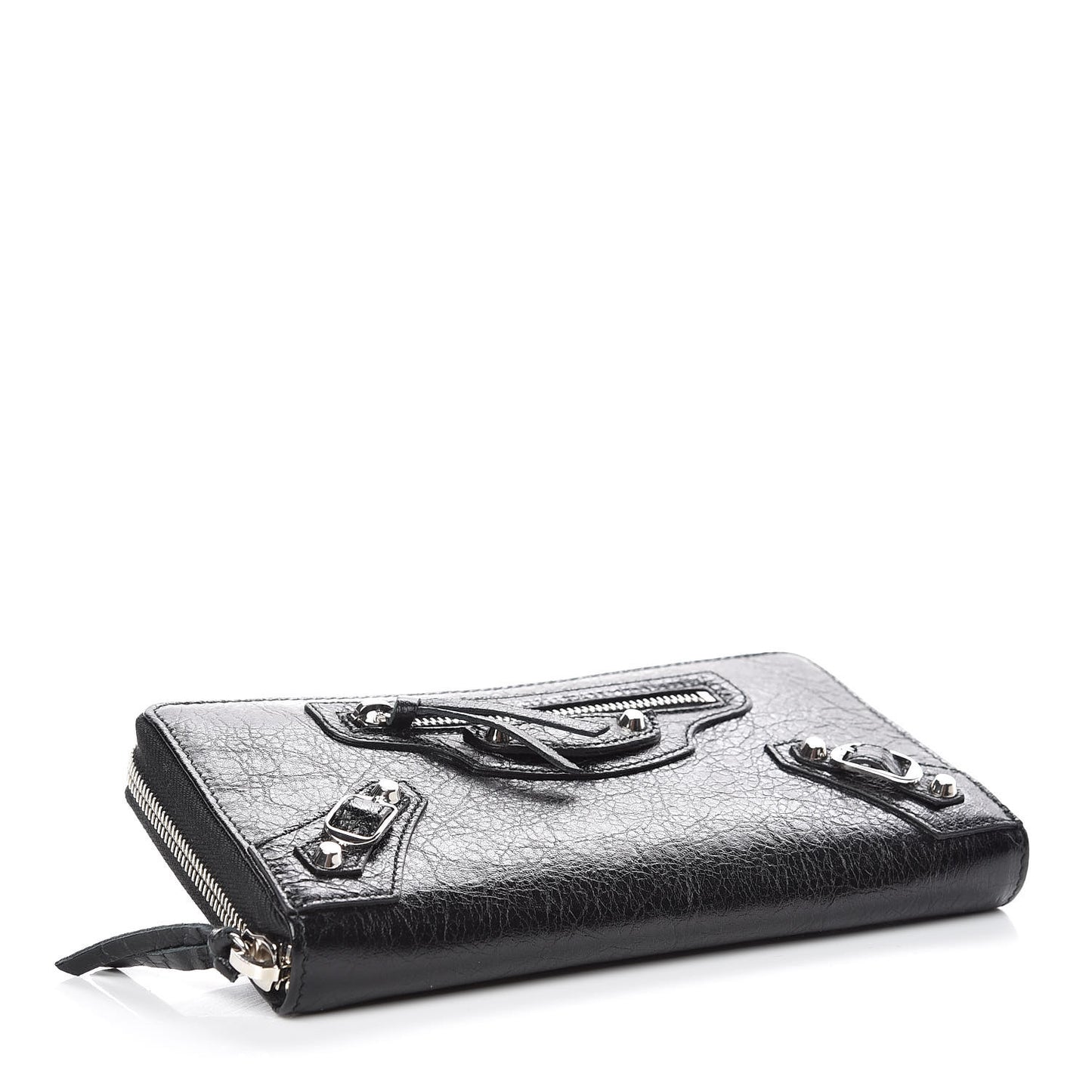 Agneau Classic Silver Hardware Continental Zip Around Wallet Black