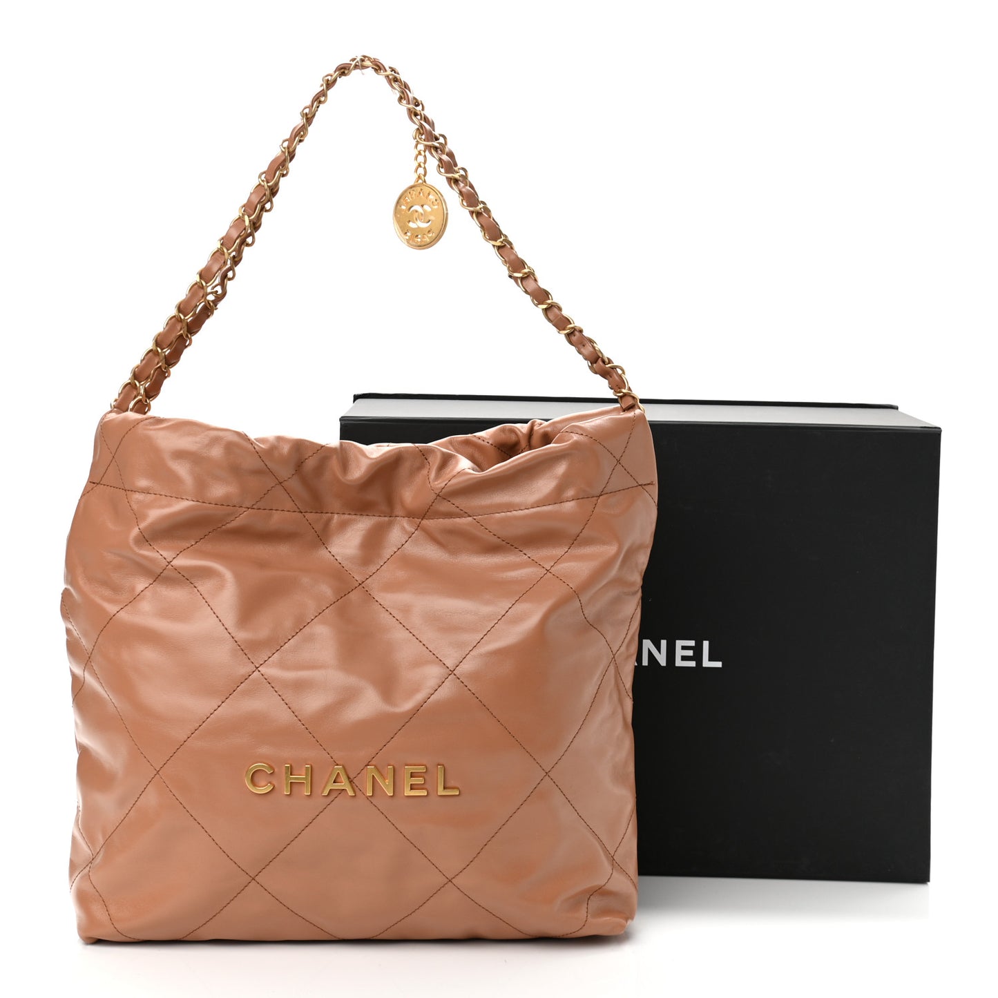 Shiny Calfskin Quilted Small Chanel 22 Camel