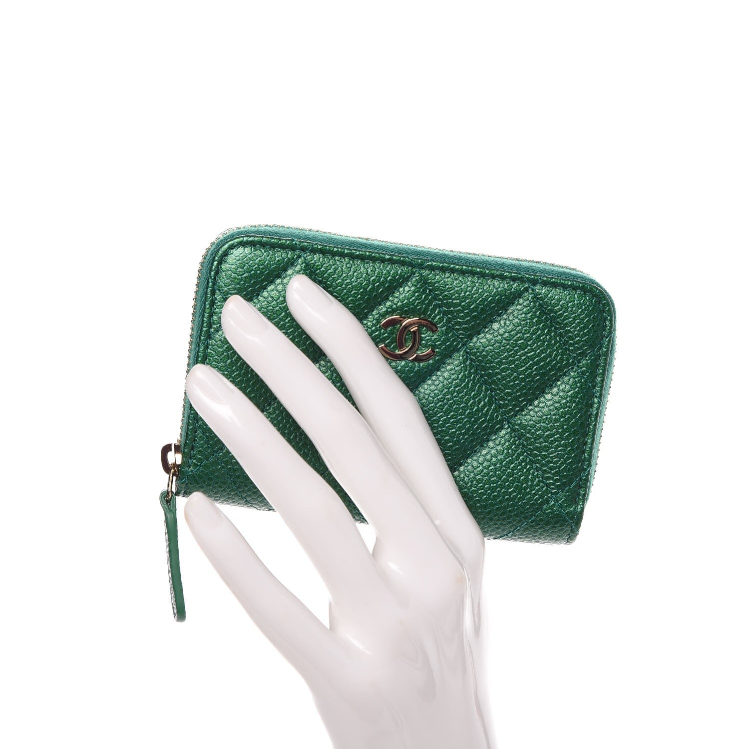 Chanel Metallic Caviar Quilted Zip Coin Purse Green 2 of 8