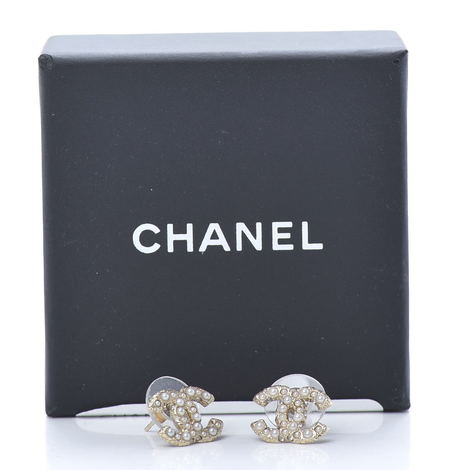 Chanel Pearl Crystal CC Stud Earrings Gold 5 of 5