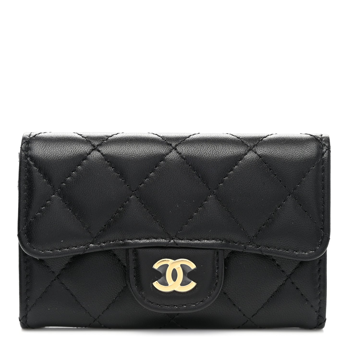 Lambskin Quilted Flap Card Holder Wallet Black