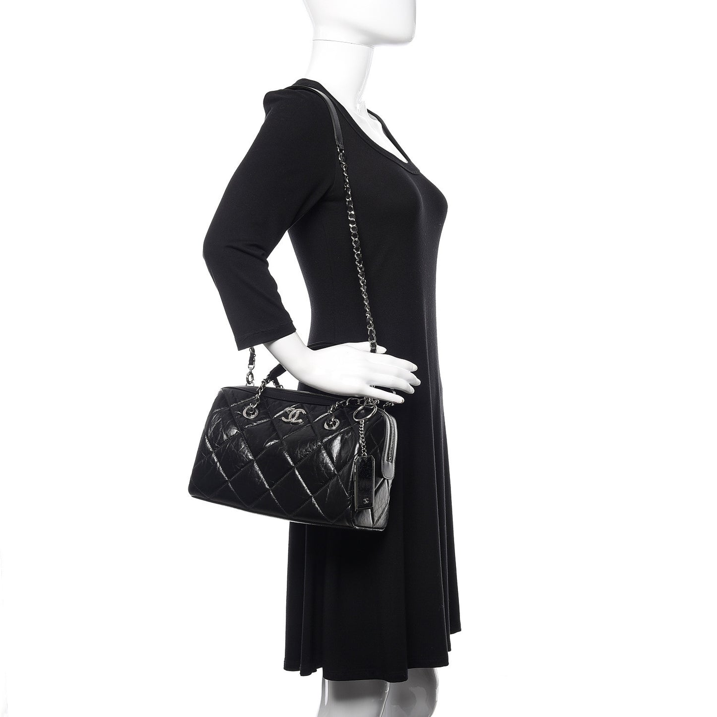 Calfskin Quilted Small CC Bowling Bag Black