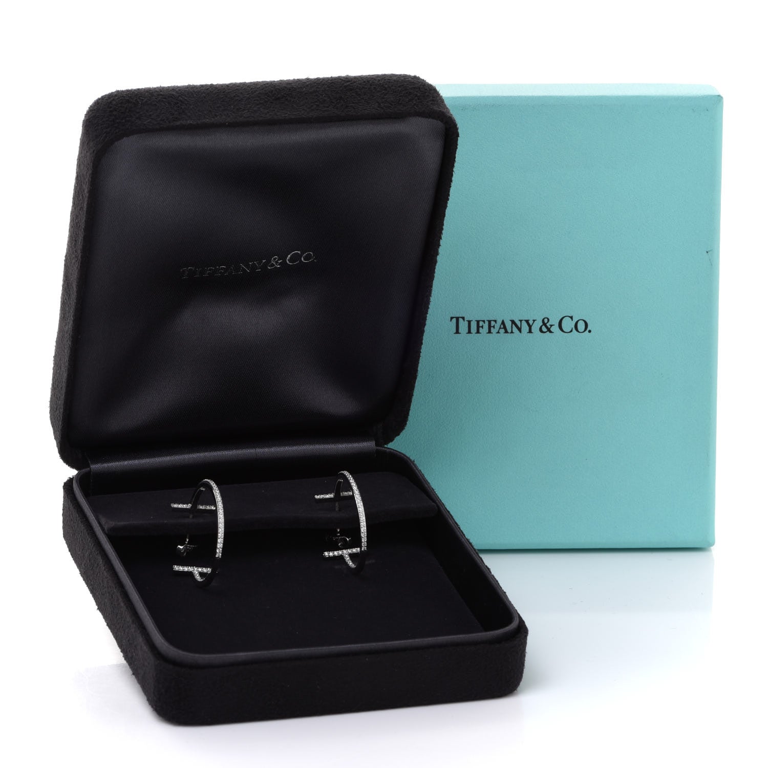 Tiffany 18K White Gold Diamond Medium T Wire Hoop Earrings 6 of 6