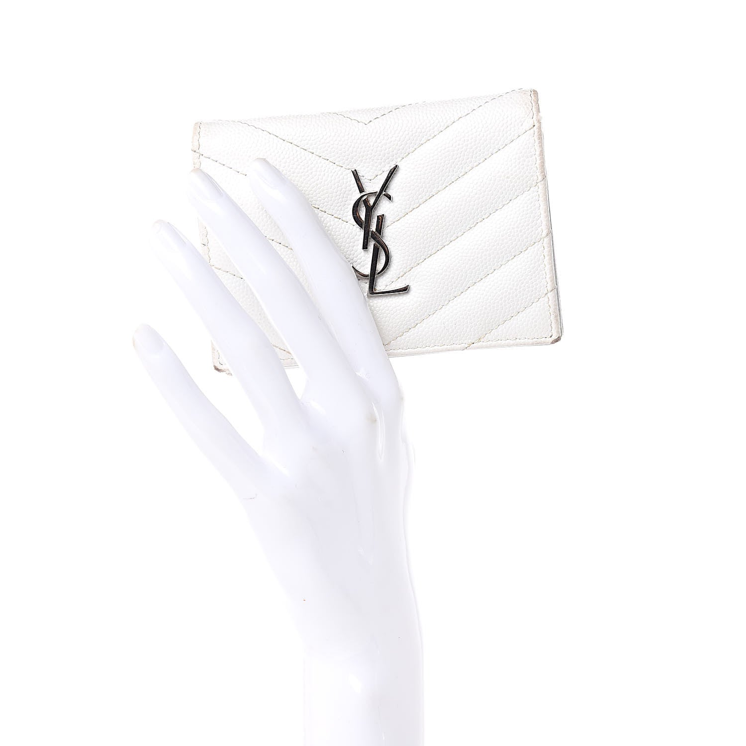 Saint Laurent Grain De Poudre Matelasse Chevron Monogram Card Case White 2 of 11