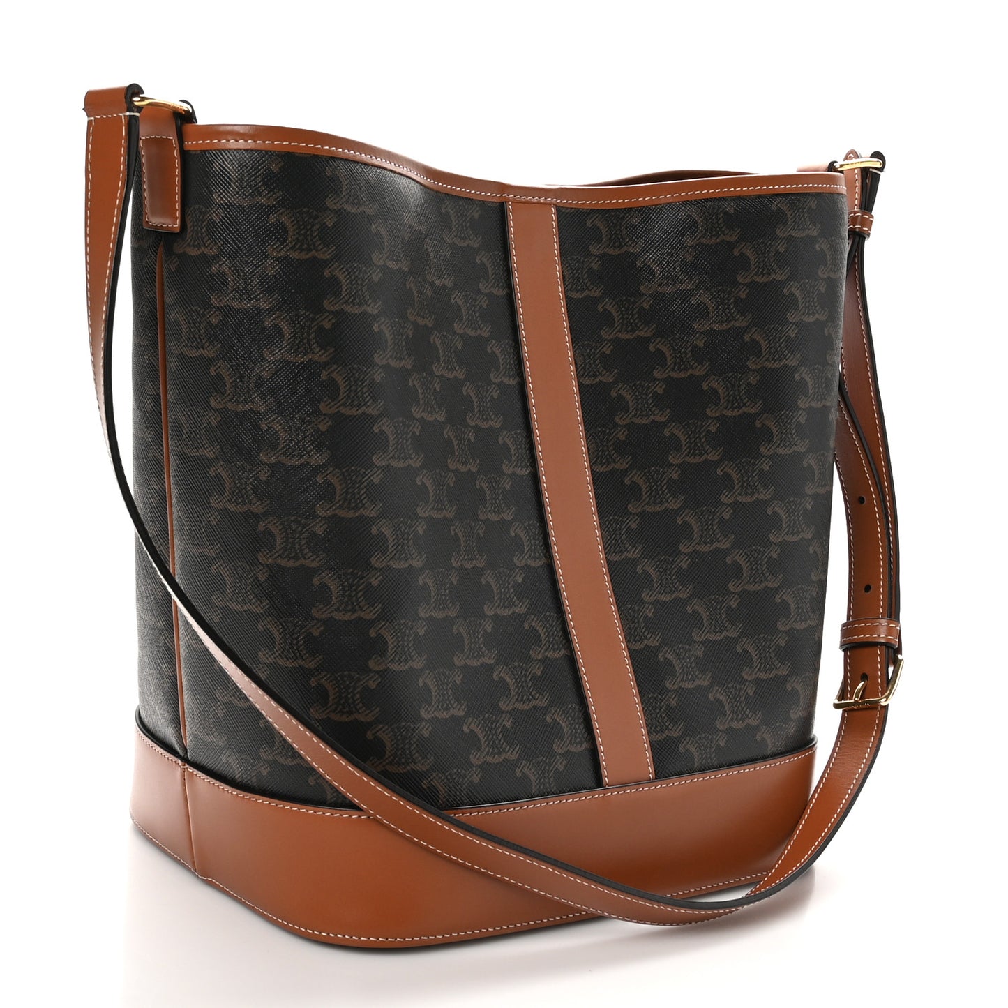 Triomphe Canvas Calfskin Medium Bucket Bag Tan