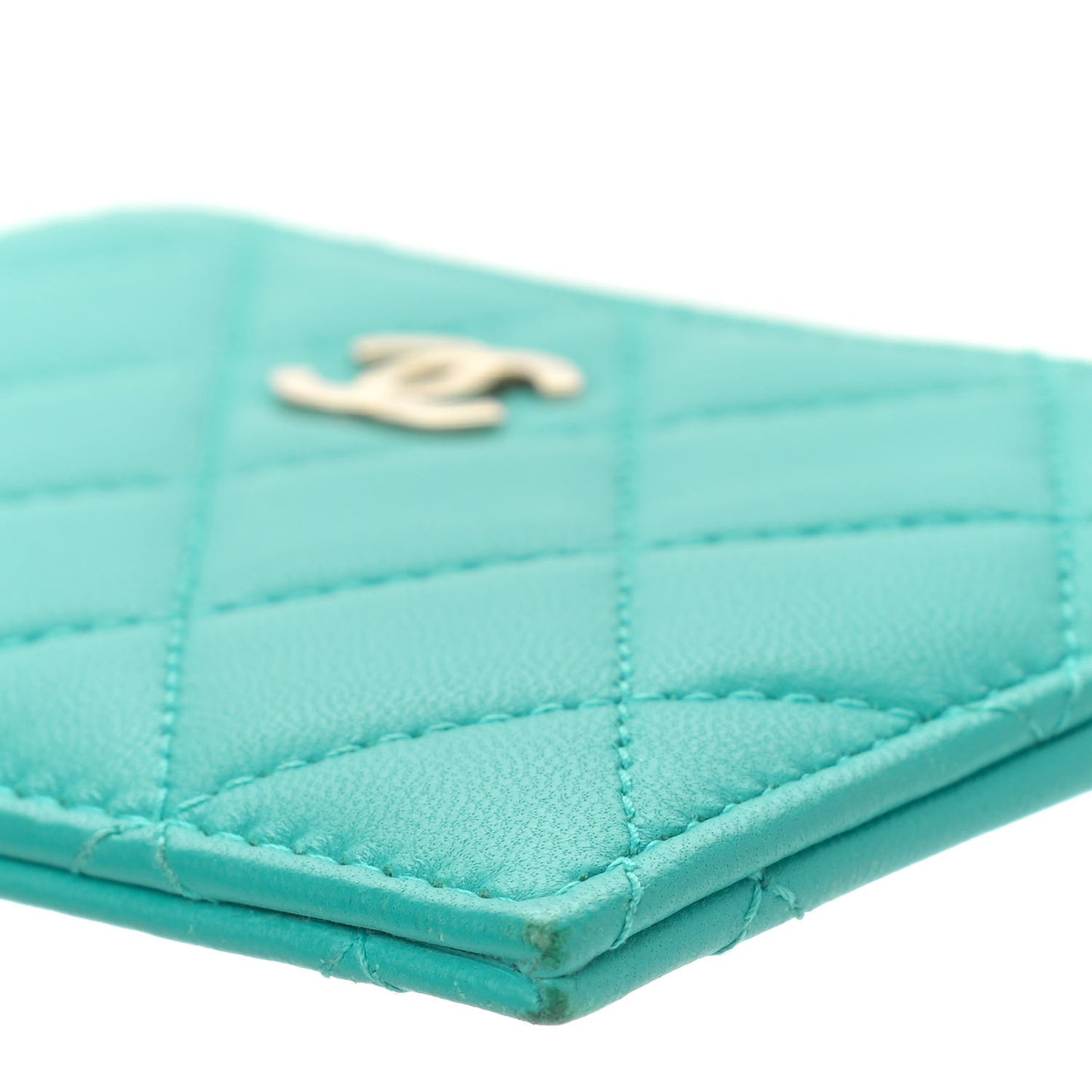 Lambskin Quilted Zip Card Holder Turquoise