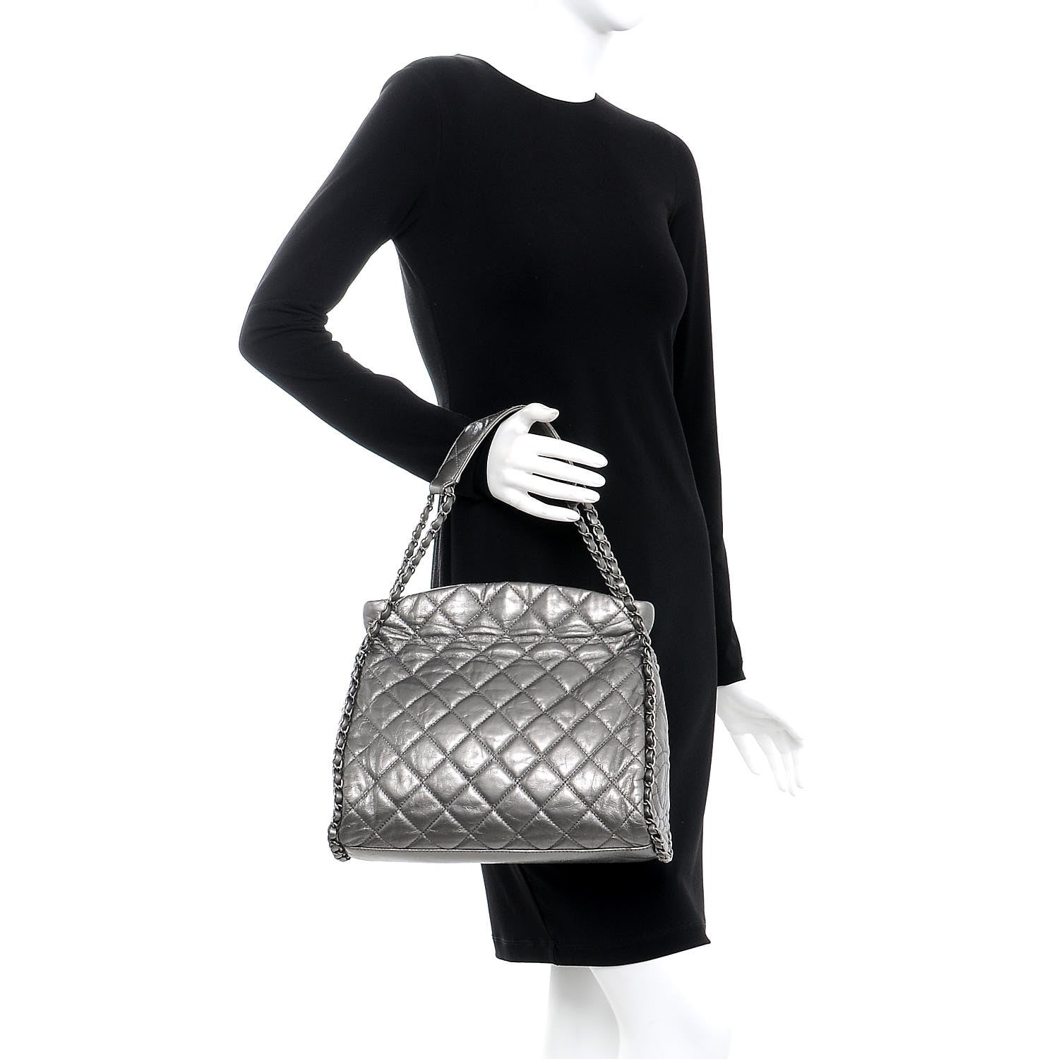 Chanel Metallic Calfskin Quilted Medium Chain Me Hobo Dark Silver 2 of 7