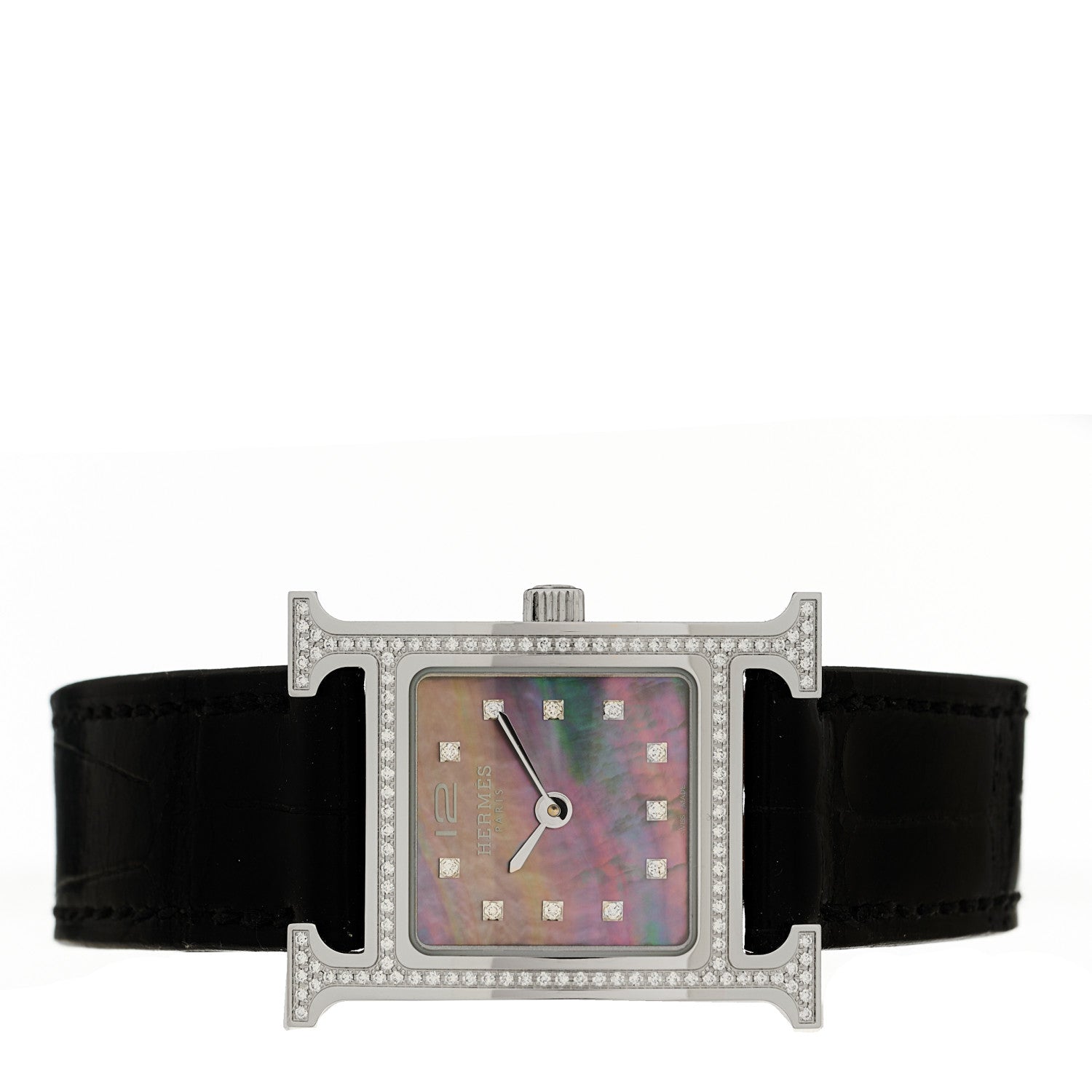 Hermes Stainless Steel Alligator Diamond Bezel Black Mother of Pearl 17.2mm Heure H Hour Quartz Watch Graphite 2 of 5