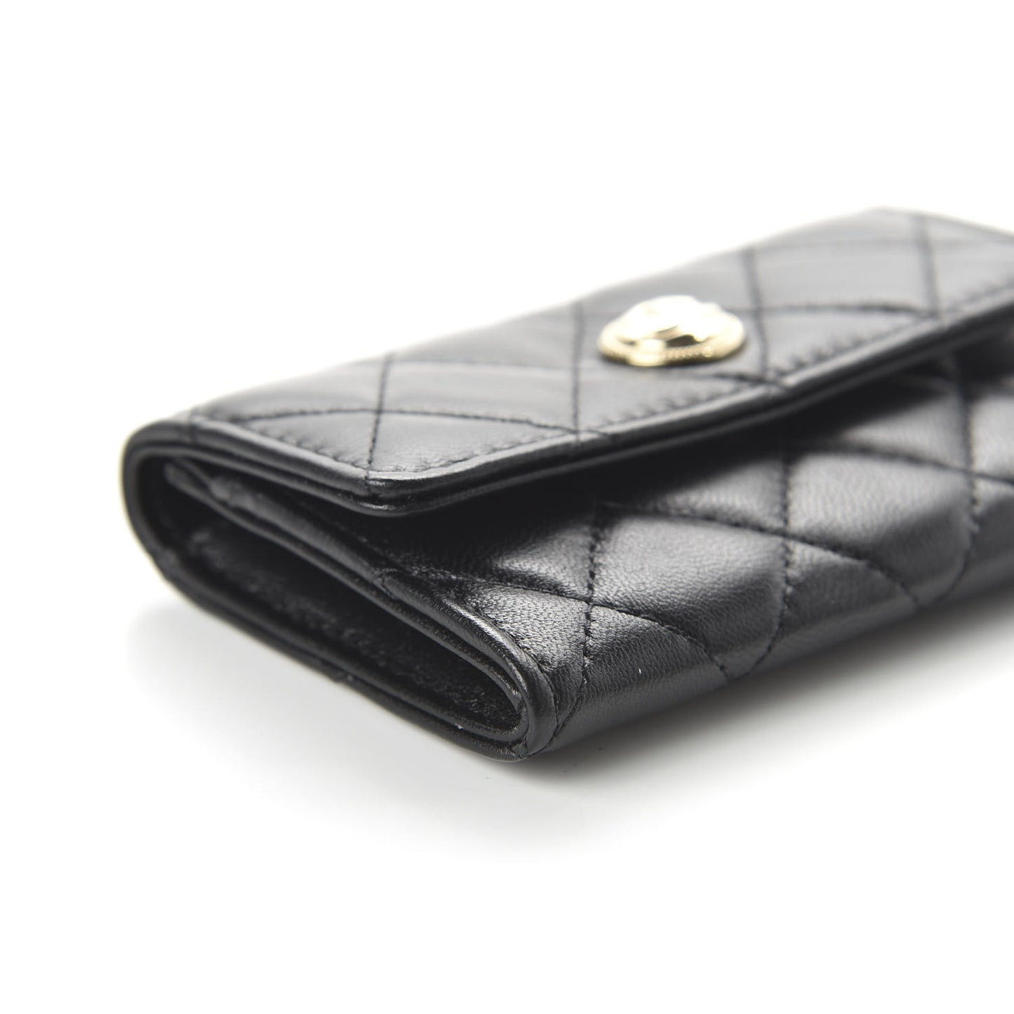 Lambskin Quilted CC Button Flap Card Holder Black