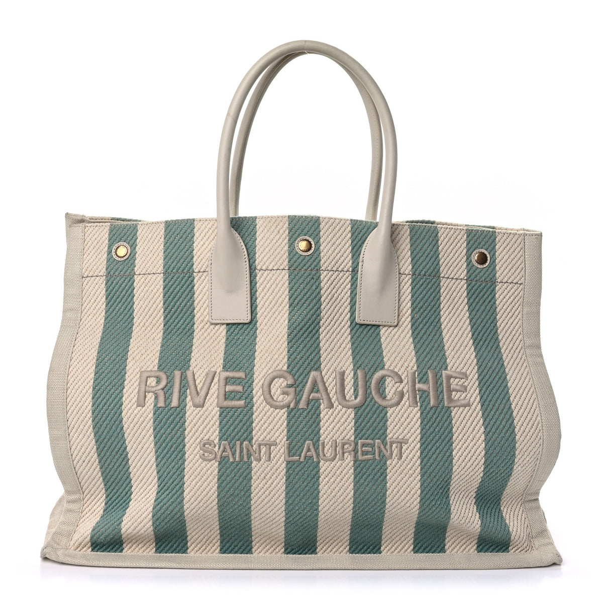 Cotton Linen Calfskin Striped Rive Gauche Tote Water Green