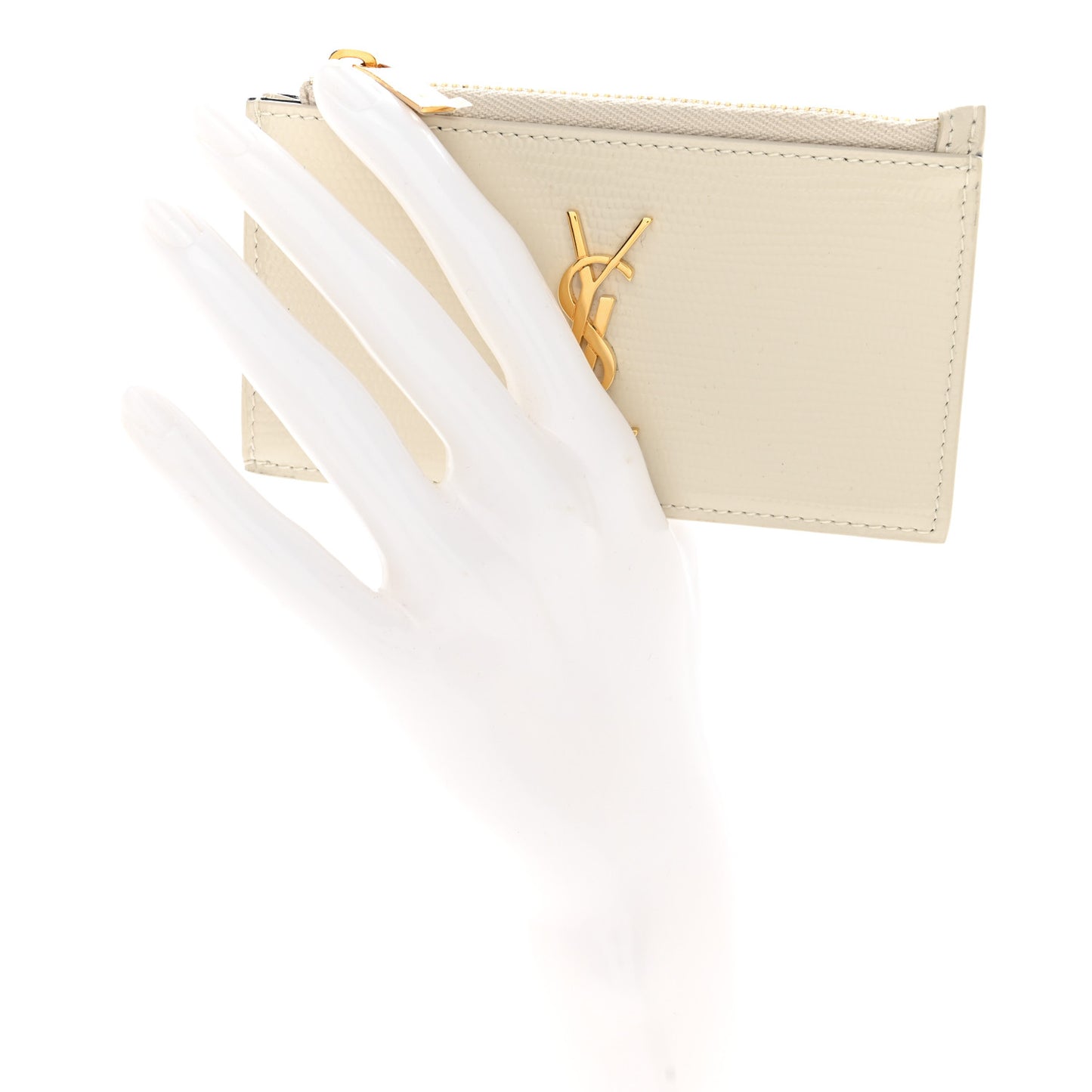 Calfskin Lizard Embossed Monogram Fragments Zippered Card Case Crema Soft