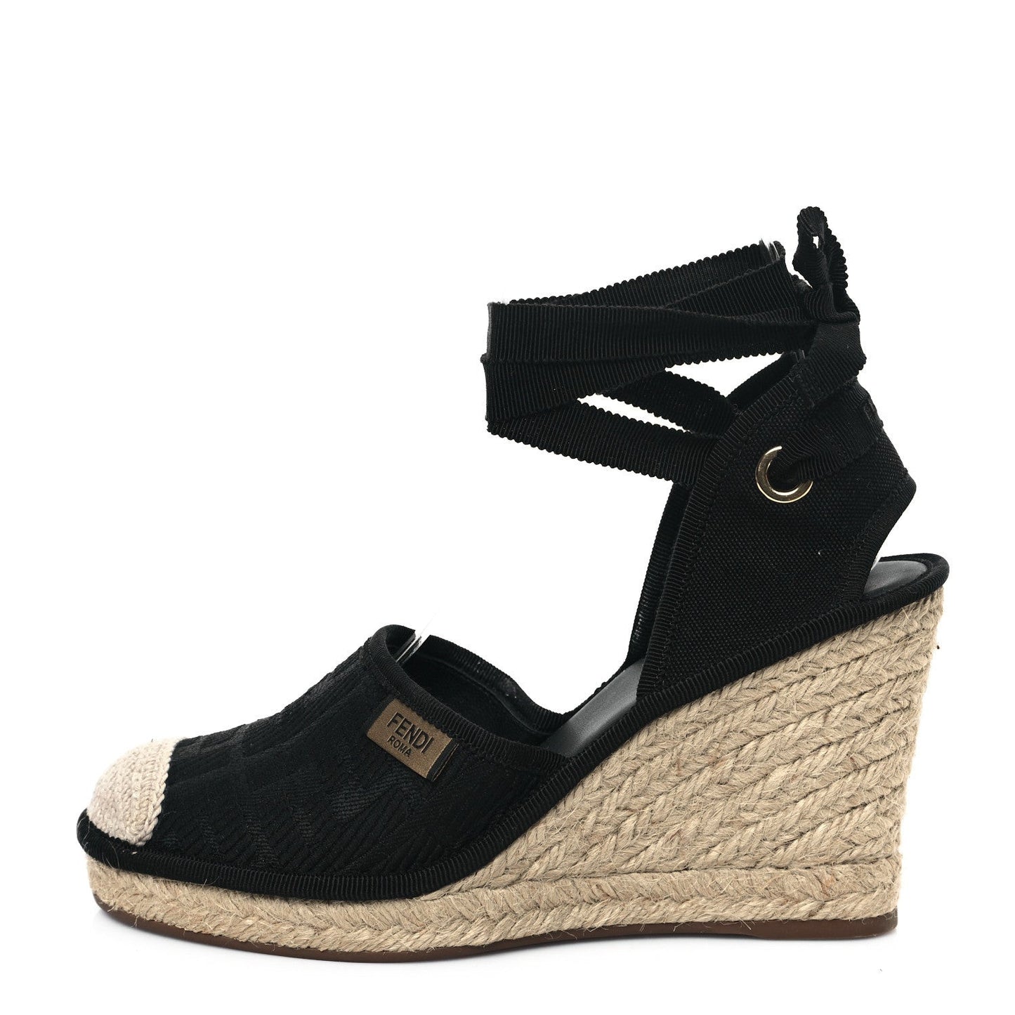 Canvas FF Embroidered Roma Ankle Wrap Wedge Espadrilles 36 Black