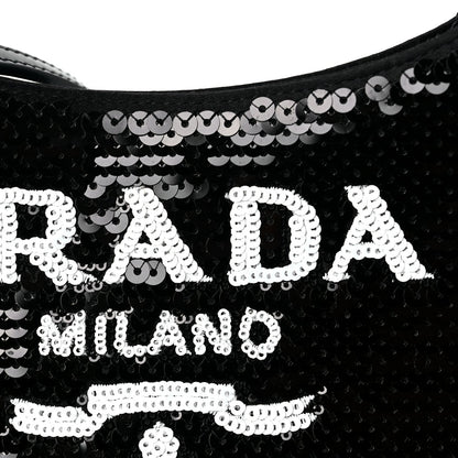 Prada Paillettes Sequin Logo Cleo Adjustable Strap Shoulder Bag Black White 6 of 8