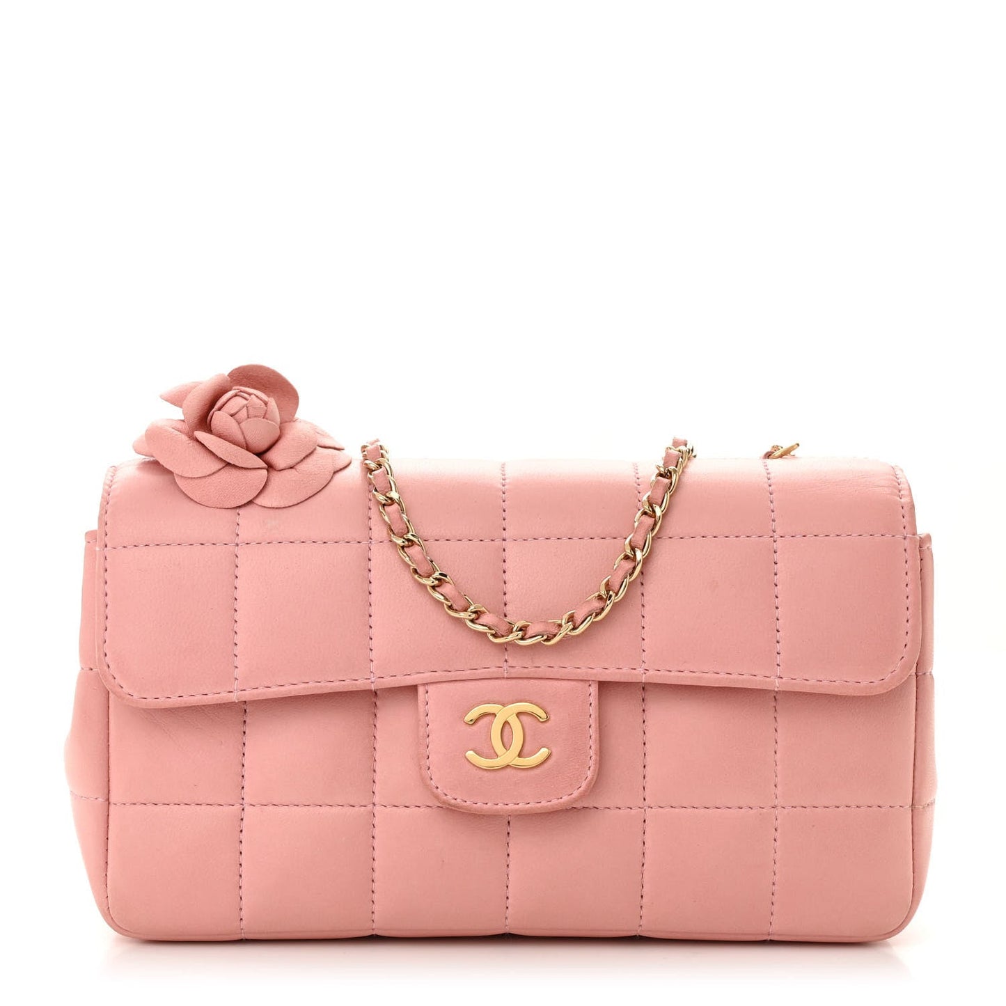 Lambskin Quilted Mini Chocolate Bar Camellia Flap Pink