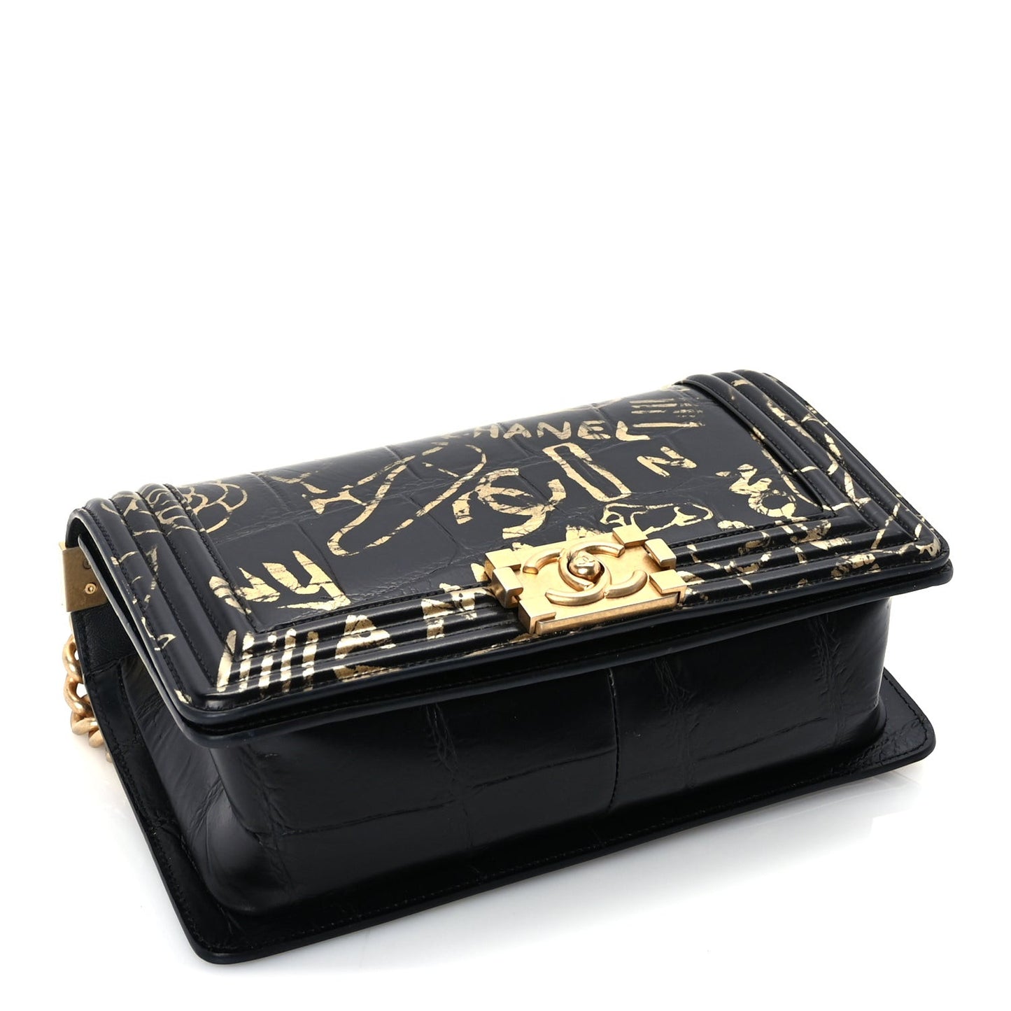 Calfskin Crocodile Embossed Graffiti Cocodile Medium Boy Flap Black