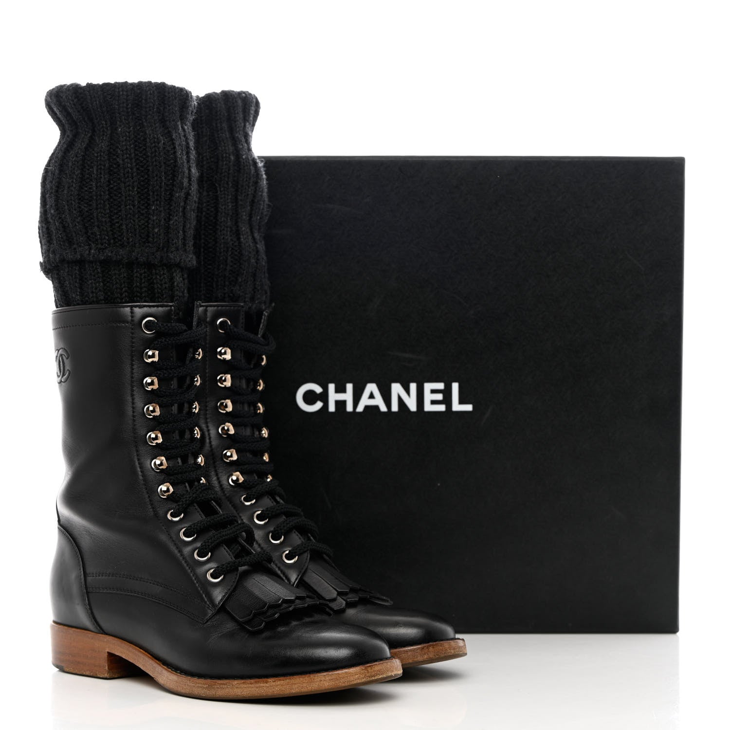 Chanel Calfskin Sock High CC Combat Boots 37 Black 13 of 13