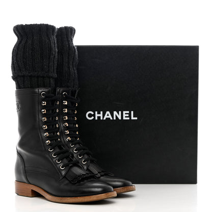Chanel Calfskin Sock High CC Combat Boots 37 Black 13 of 13
