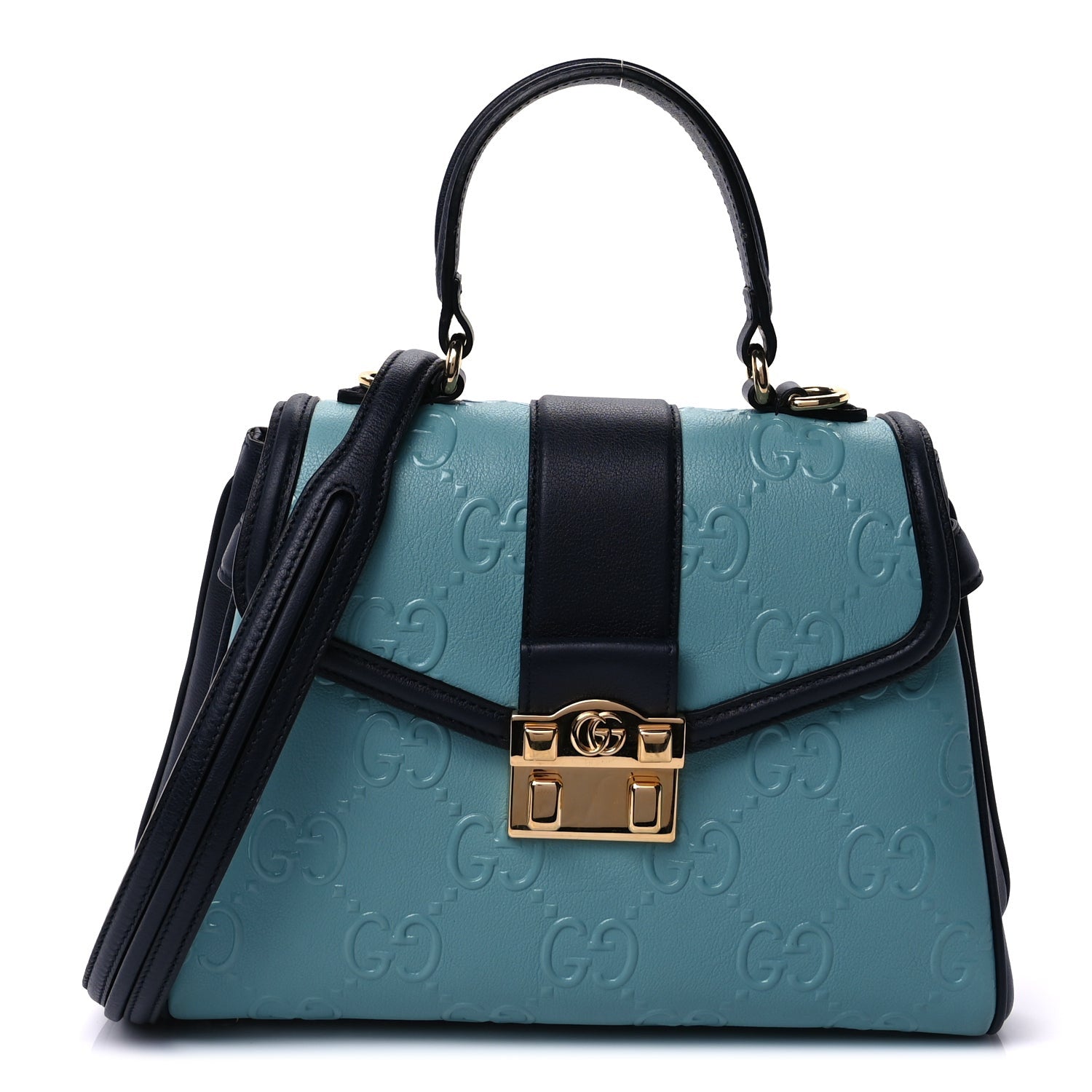 Gucci Wonka Grain Calfskin Bi-Color GG Debossed Small Top Handle  Dusty Azure Blue 1 of 7