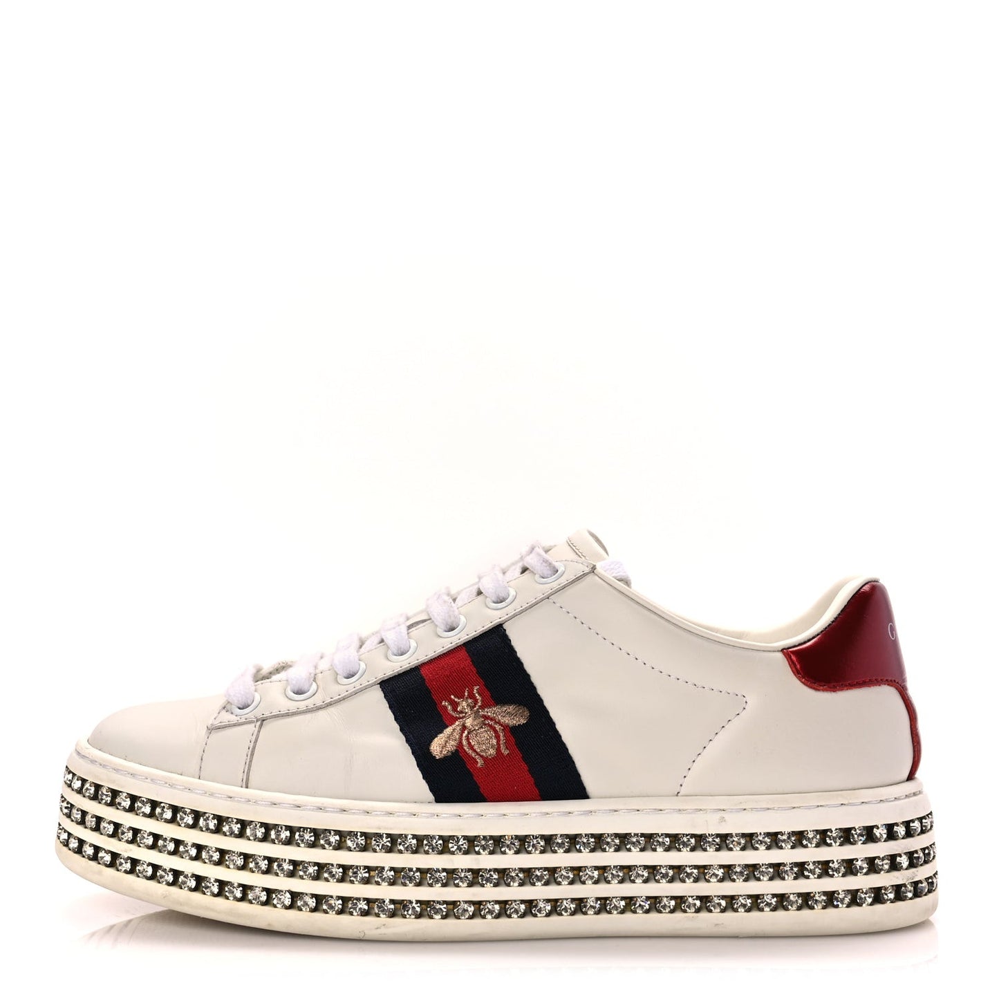 Calfskin Crystal Web Bee Embroidered Womens Ace Platform Sneakers 36 White