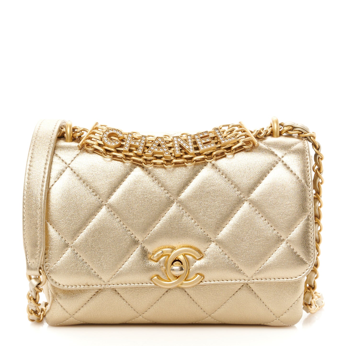 Metallic Lambskin Quilted Mini CC Crystal Logo Chain Flap Gold