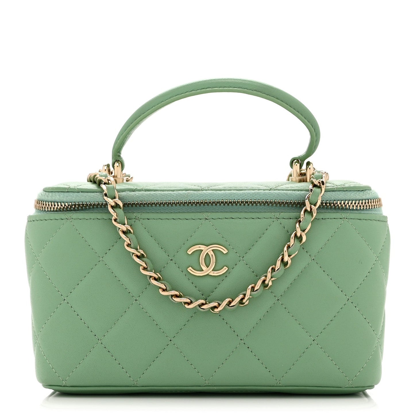 Lambskin Quilted Small Top Handle Vanity Case With Chain Light Green Light Green