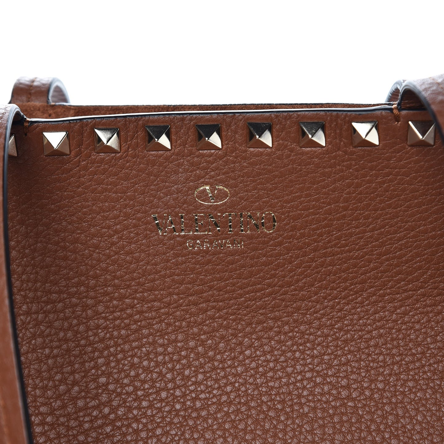 Grained Calfskin Rockstud Shoulder Tote Bright Cognac