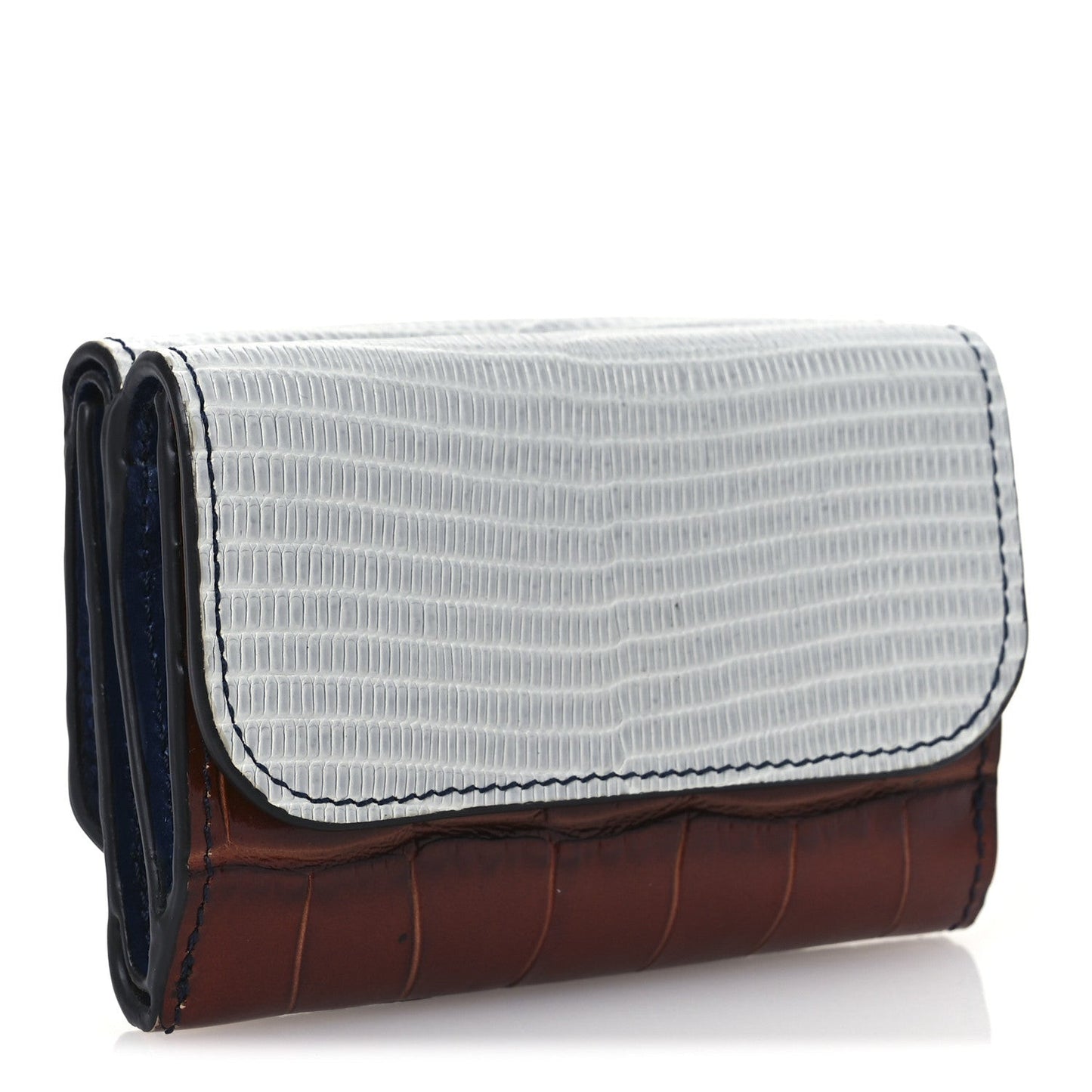 Lizard Crocodile Embossed Shiny Calfskin Small C Tri-Fold Wallet Chestnut Brown Blue Chestnut Brown Blue