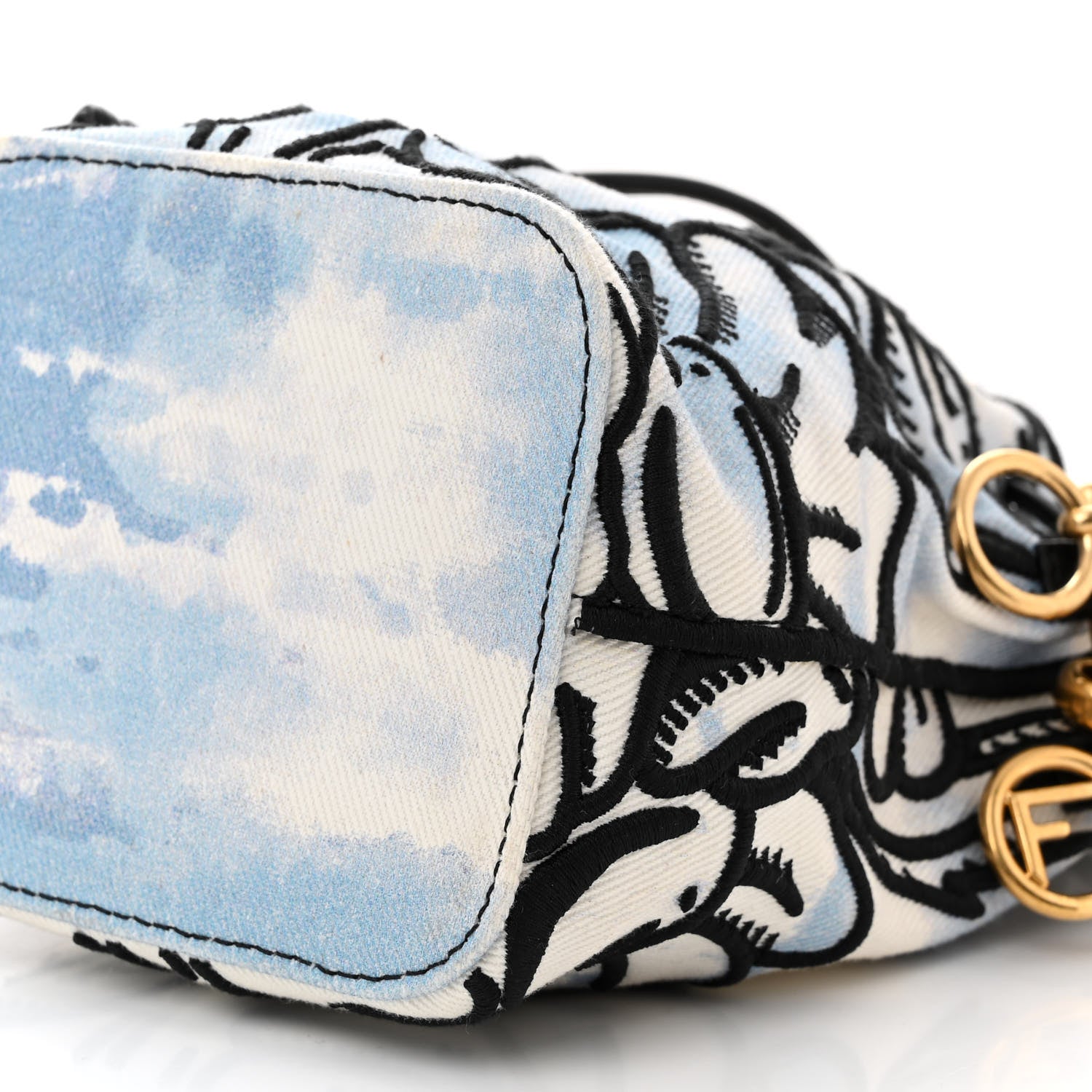 Fendi X JOSHUA VIDES Fabric Flower Clouds Embroidered Mini Mon Tresor Bucket Bag White Celeste Black 10 of 10