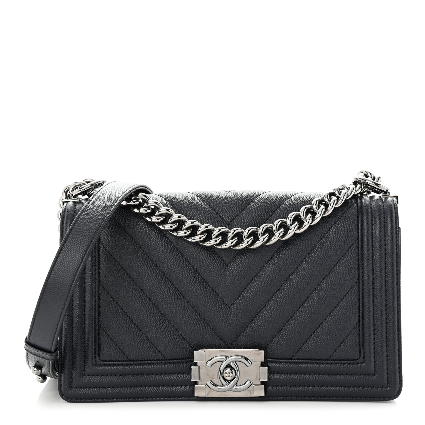 Caviar Chevron Quilted Medium Boy Flap Navy